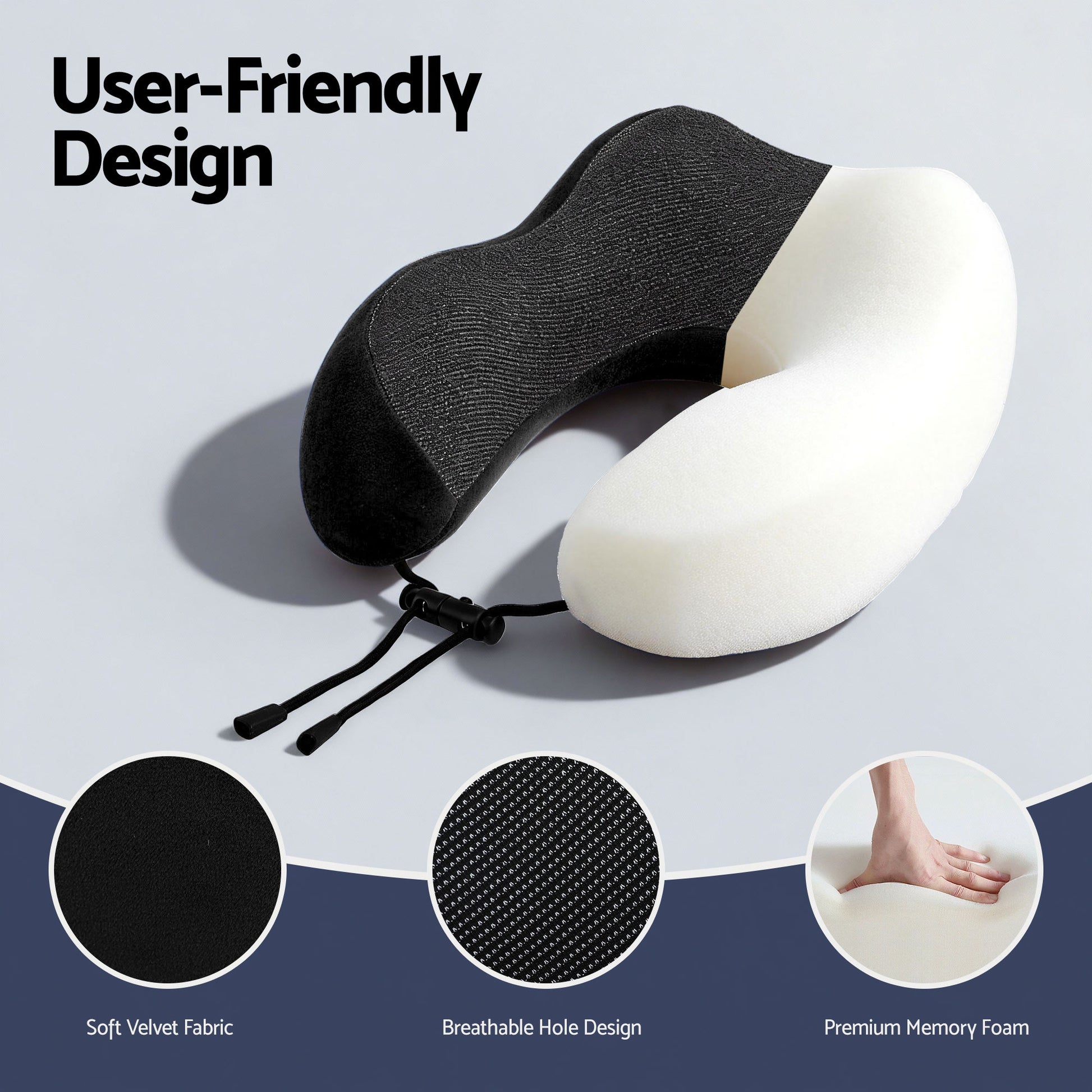 Wanderlite Travel Pillow for Airplanes Memory Foam Neck Pillows for Traveling, Soft & Washable Cover with TR-PI-U-01-BK