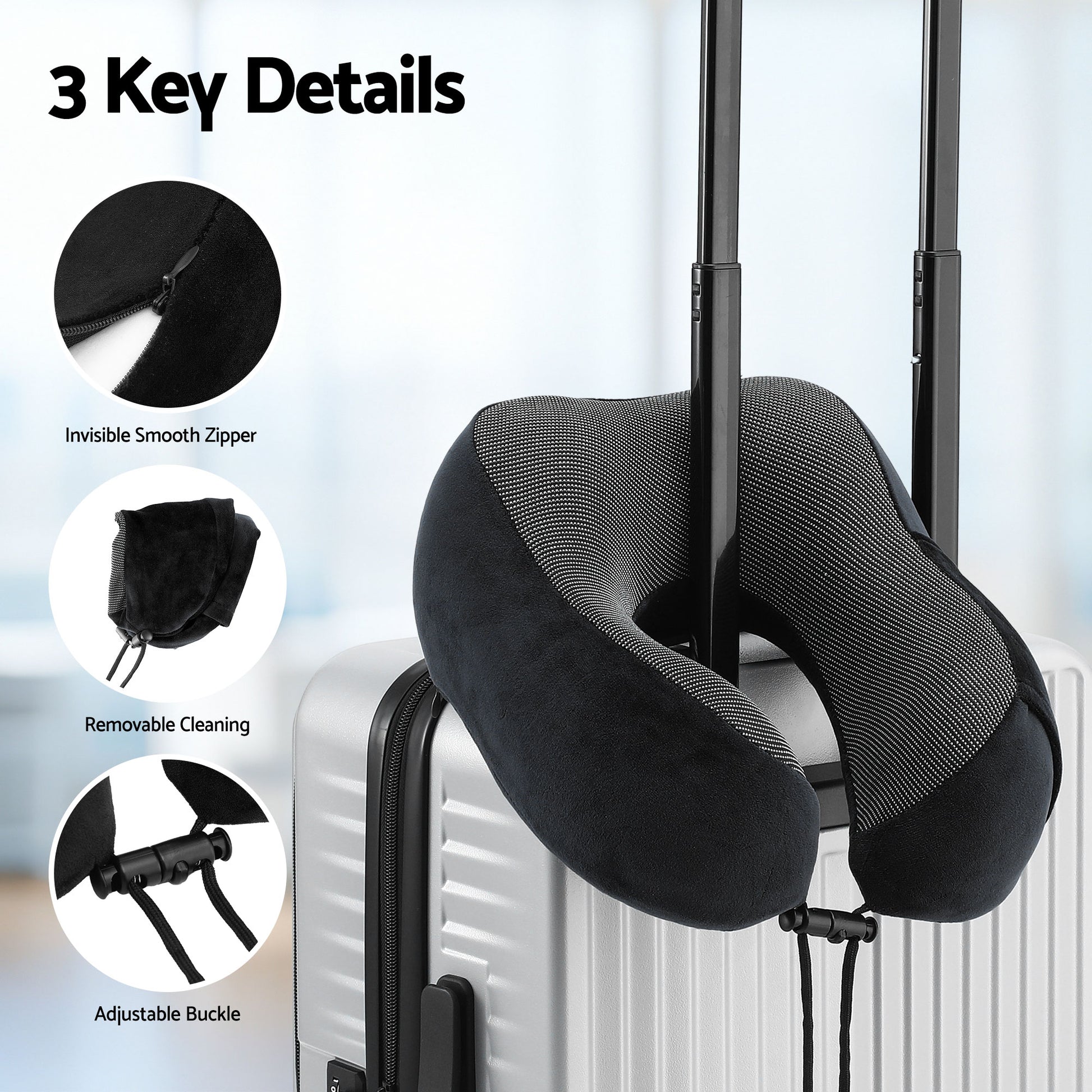 Wanderlite Travel Pillow for Airplanes Memory Foam Neck Pillows for Traveling, Soft & Washable Cover with TR-PI-U-01-BK
