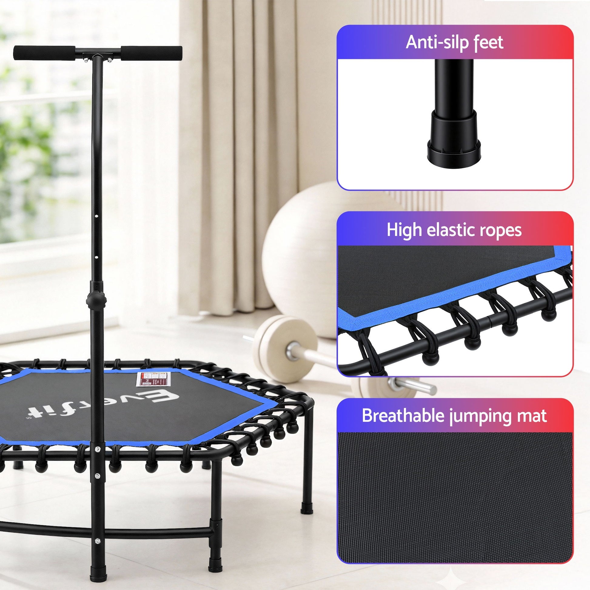 Everfit 48inch Hexagon Fitness Trampoline Rebounder Adjustable Handrail Blue TRAMPO-C-MINI48-H-BLBK