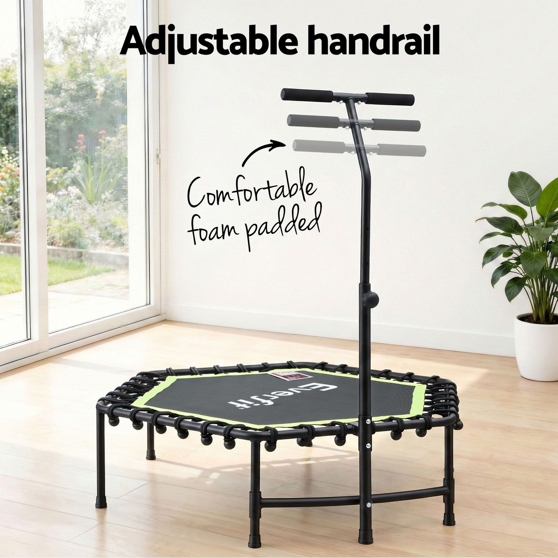 Everfit 48inch Hexagon Fitness Trampoline Rebounder Adjustable Handrail Green TRAMPO-C-MINI48-H-GNBK