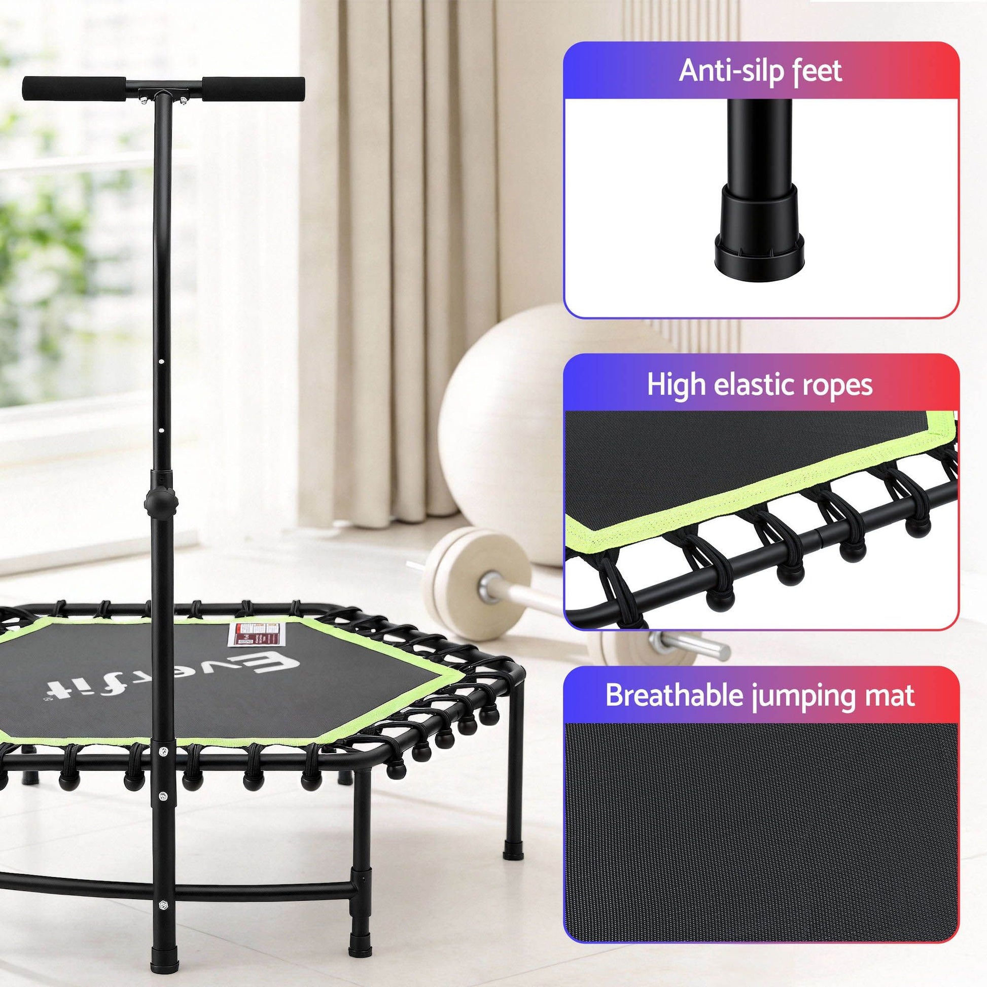 Everfit 48inch Hexagon Fitness Trampoline Rebounder Adjustable Handrail Green TRAMPO-C-MINI48-H-GNBK