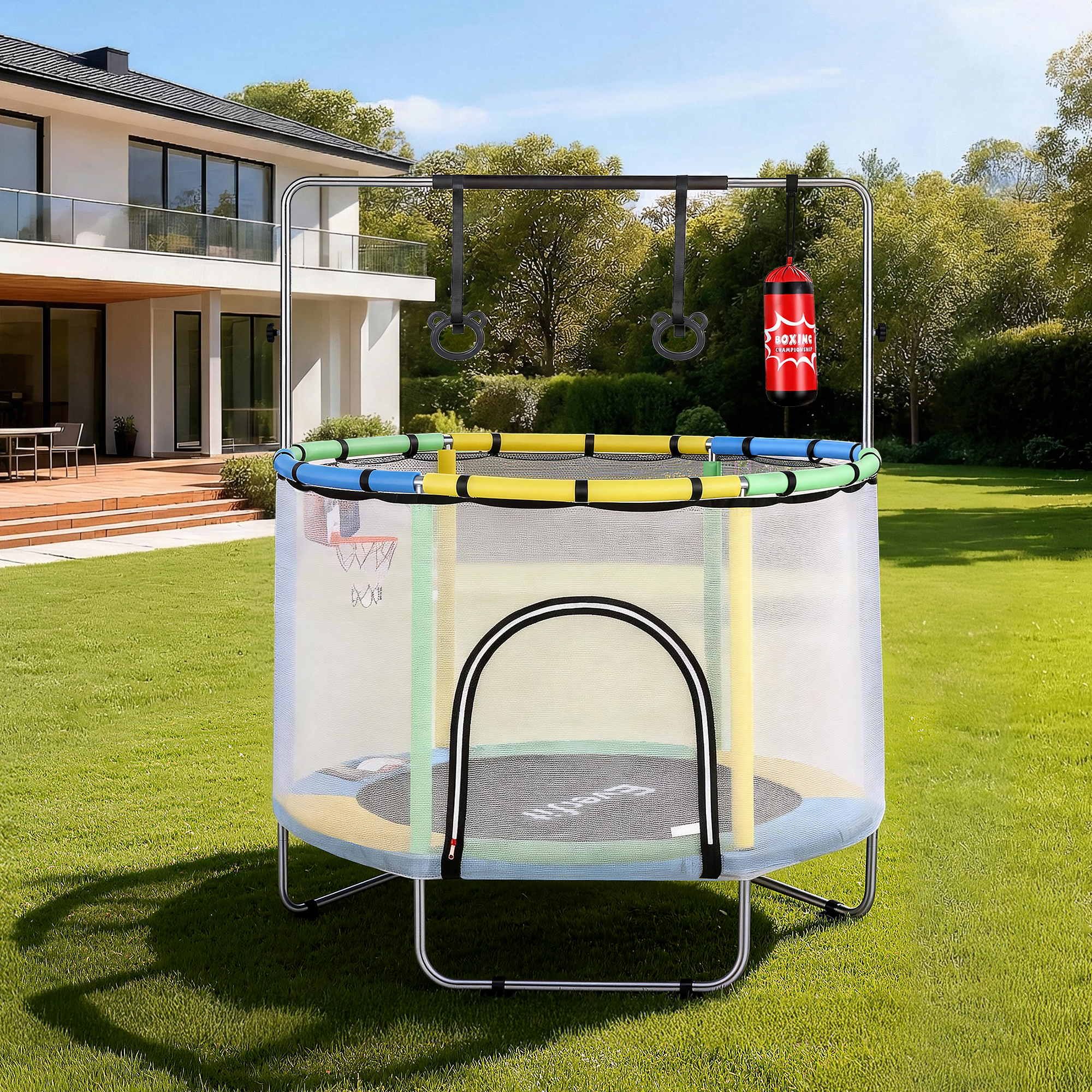 Everfit 55inch Trampoline Kids Rebounder with Basketball Set Sandbag Boxing Game TRAMPO-D-KID55-YGB