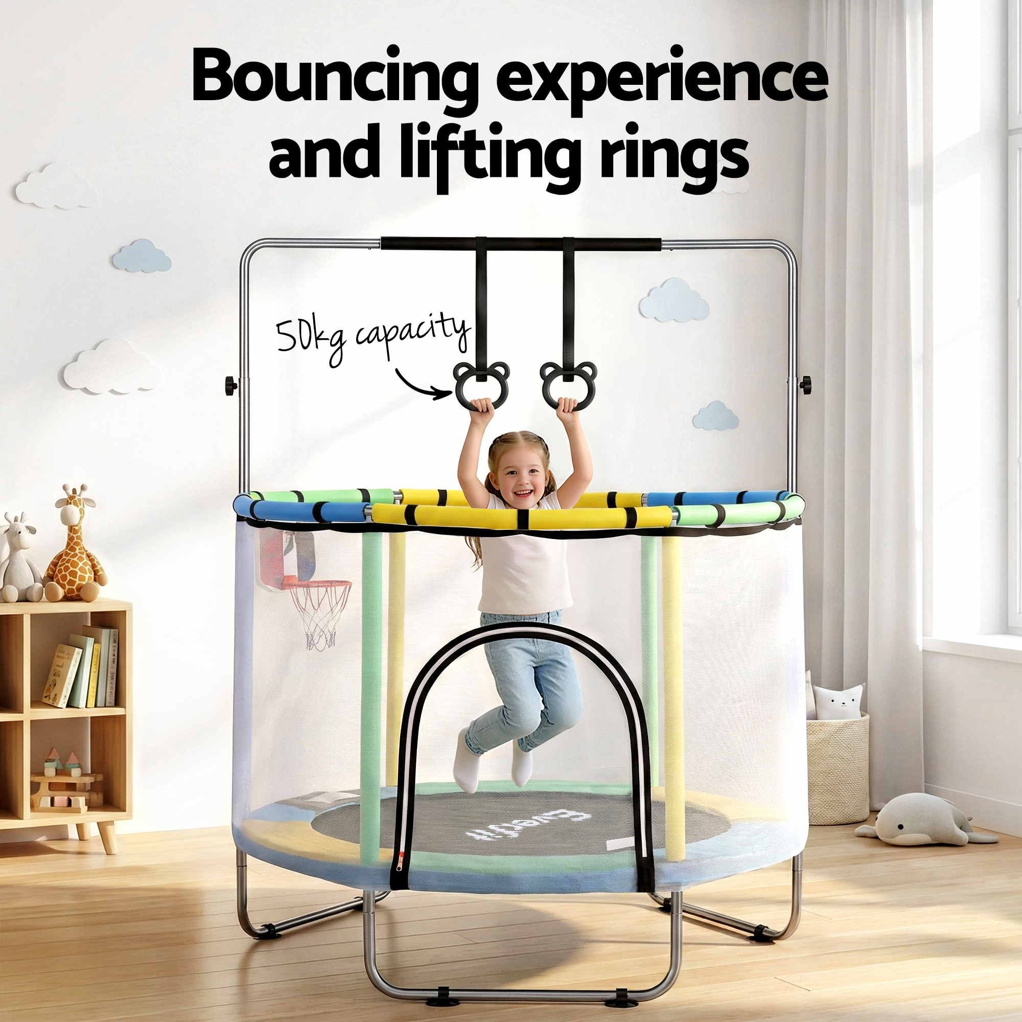 Everfit 55inch Trampoline Kids Rebounder with Basketball Set Sandbag Boxing Game TRAMPO-D-KID55-YGB