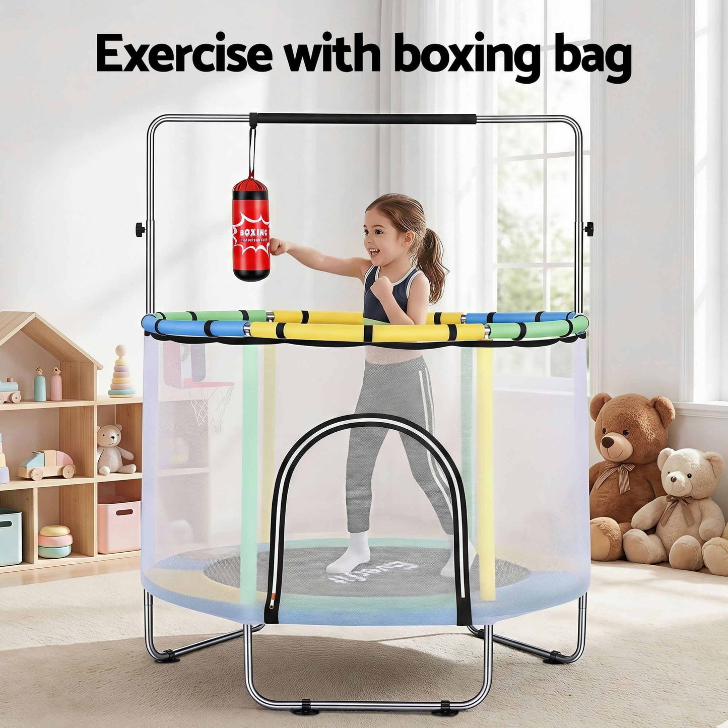 Everfit 55inch Trampoline Kids Rebounder with Basketball Set Sandbag Boxing Game TRAMPO-D-KID55-YGB