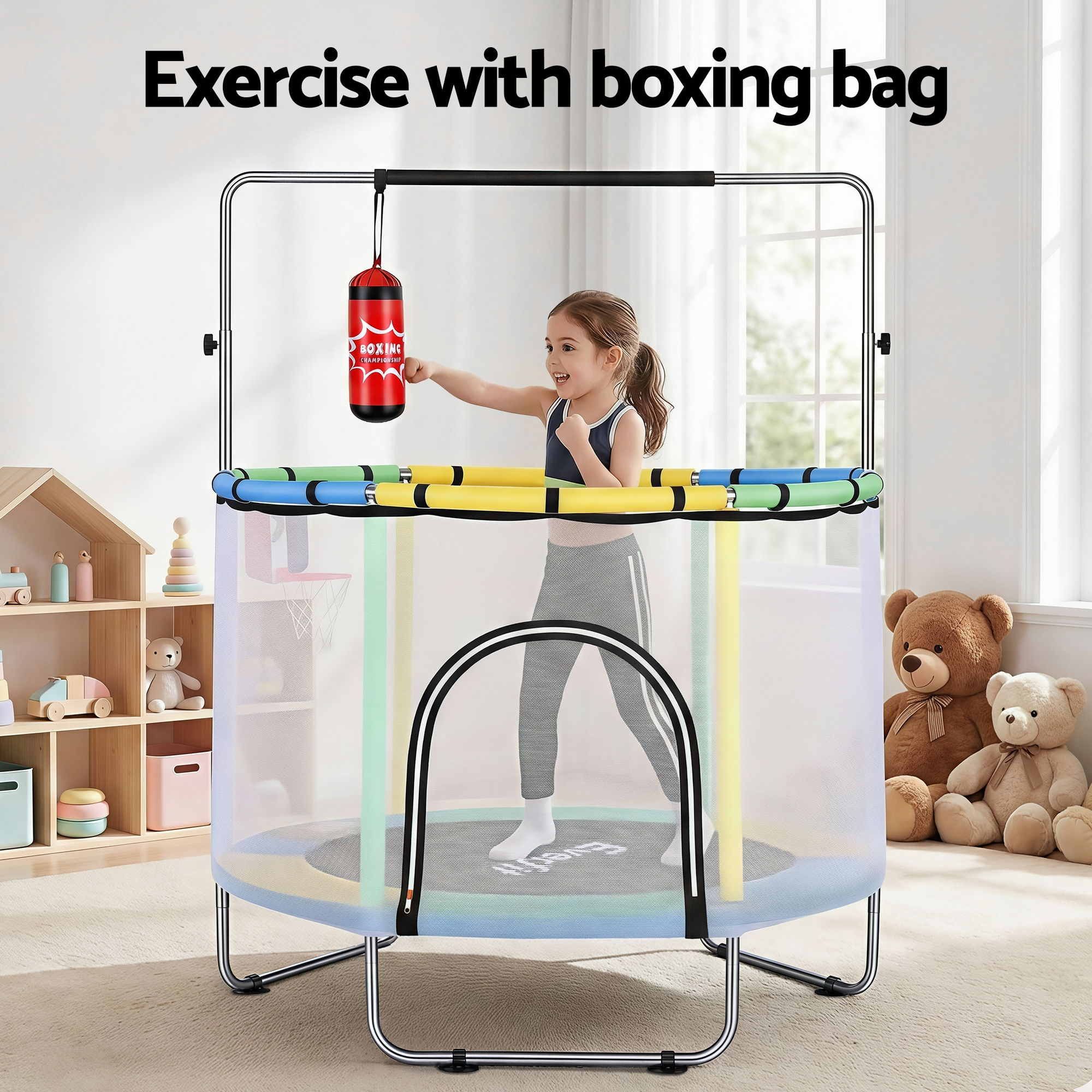 Everfit 55inch Trampoline Kids Rebounder with Basketball Set Sandbag Boxing Game TRAMPO-D-KID55-YGB