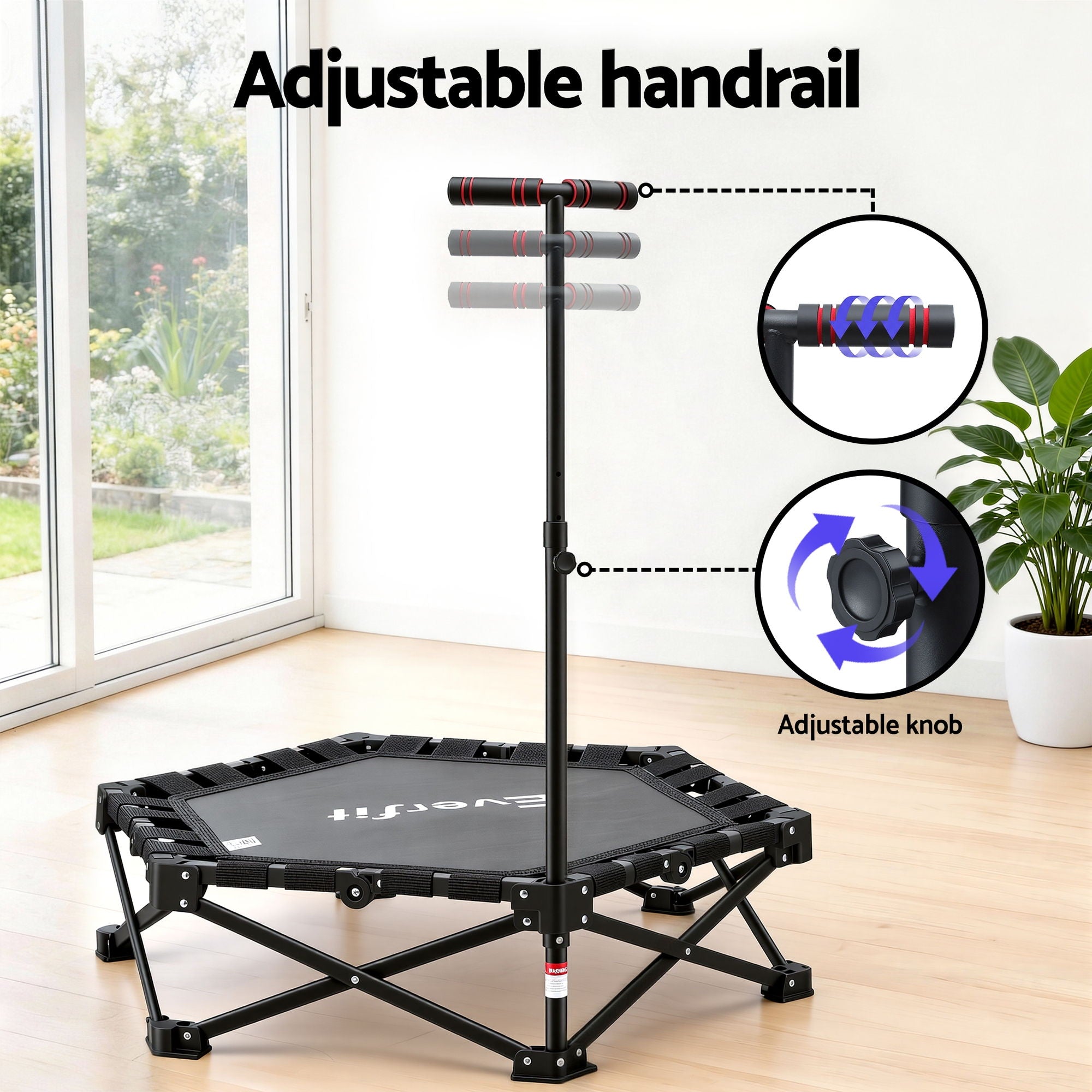Everfit Fitness Foldable Trampoline Rebounder Adjustable Handle Indoor Exercise Black TRAMPO-TD-FOLD42-BK