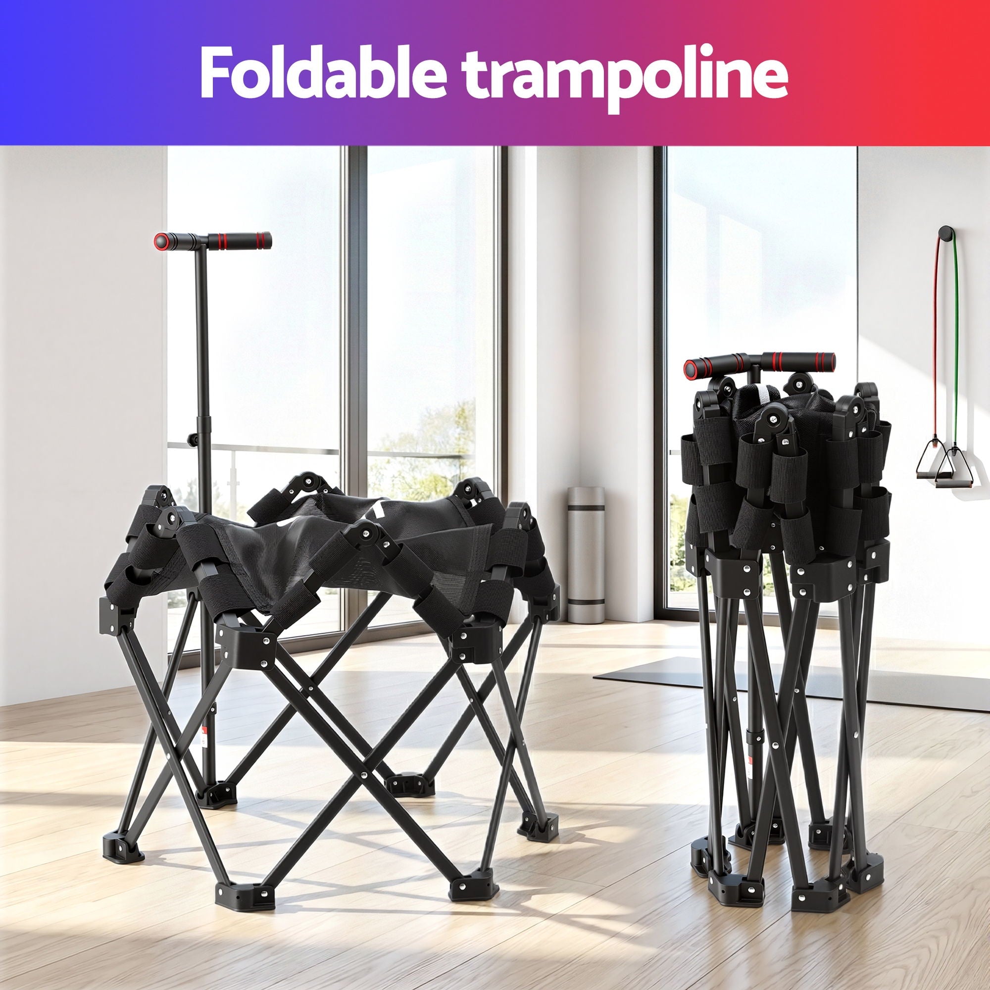 Everfit Fitness Foldable Trampoline Rebounder Adjustable Handle Indoor Exercise Black TRAMPO-TD-FOLD42-BK