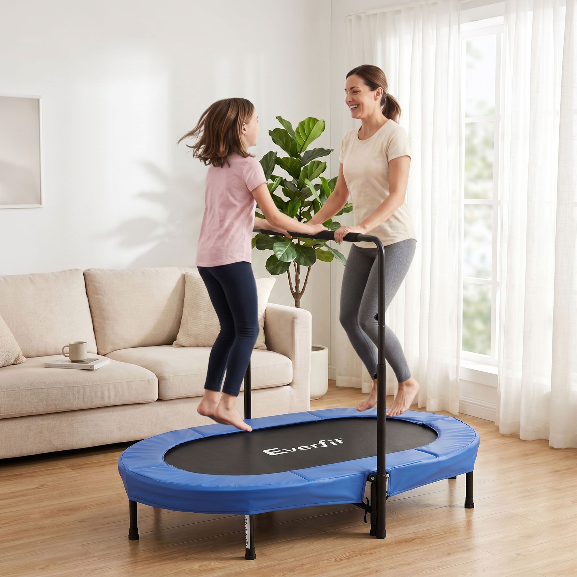 Everfit 56-Inch Foldable Fitness Trampoline Indoor Rebounder Adjustable Handrail TRAMPO-TD-FOLD56-OVL-BL