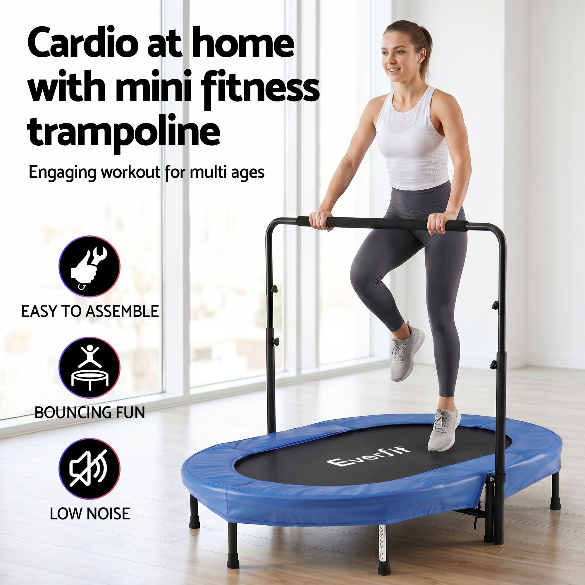 Everfit 56-Inch Foldable Fitness Trampoline Indoor Rebounder Adjustable Handrail TRAMPO-TD-FOLD56-OVL-BL