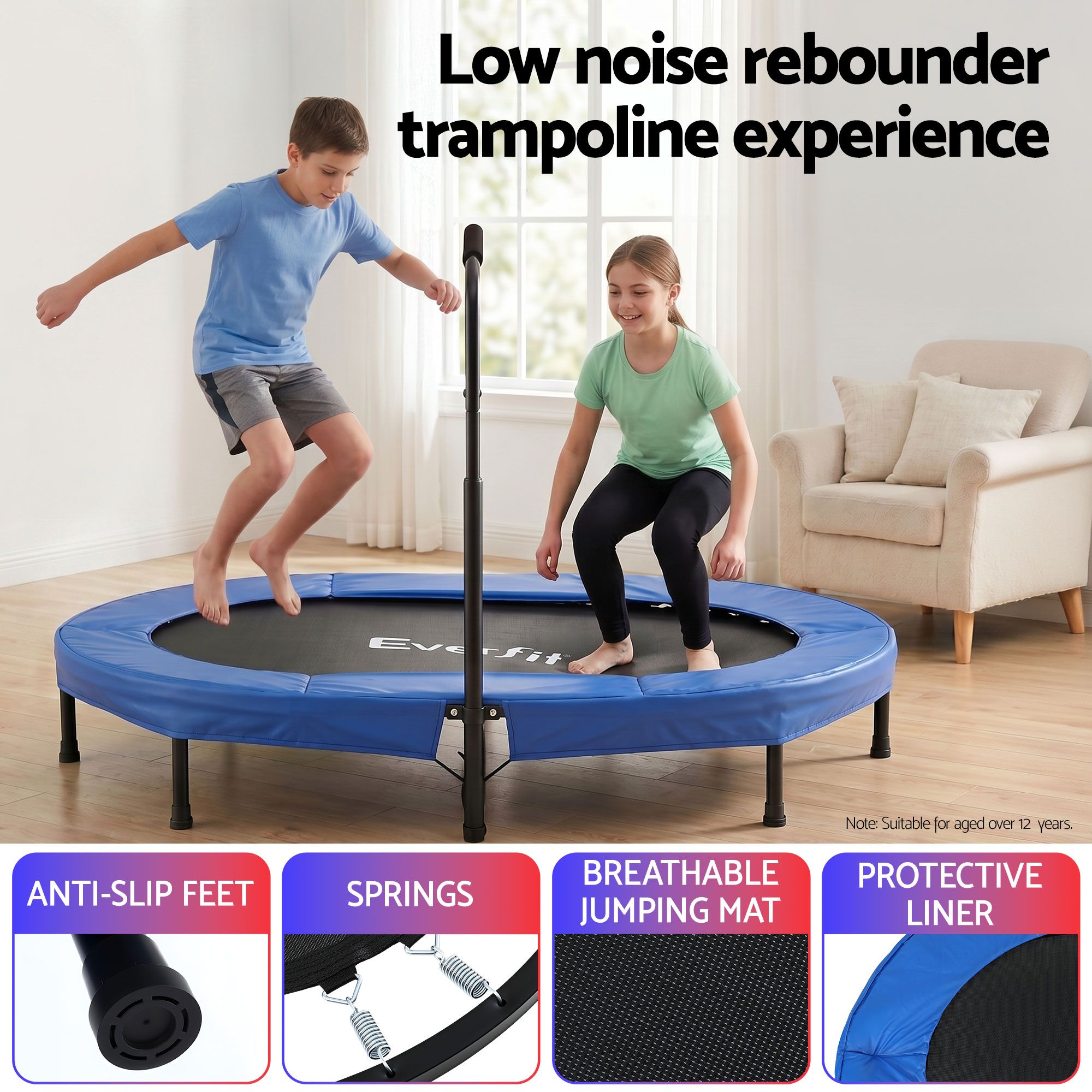 Everfit 56-Inch Foldable Fitness Trampoline Indoor Rebounder Adjustable Handrail TRAMPO-TD-FOLD56-OVL-BL