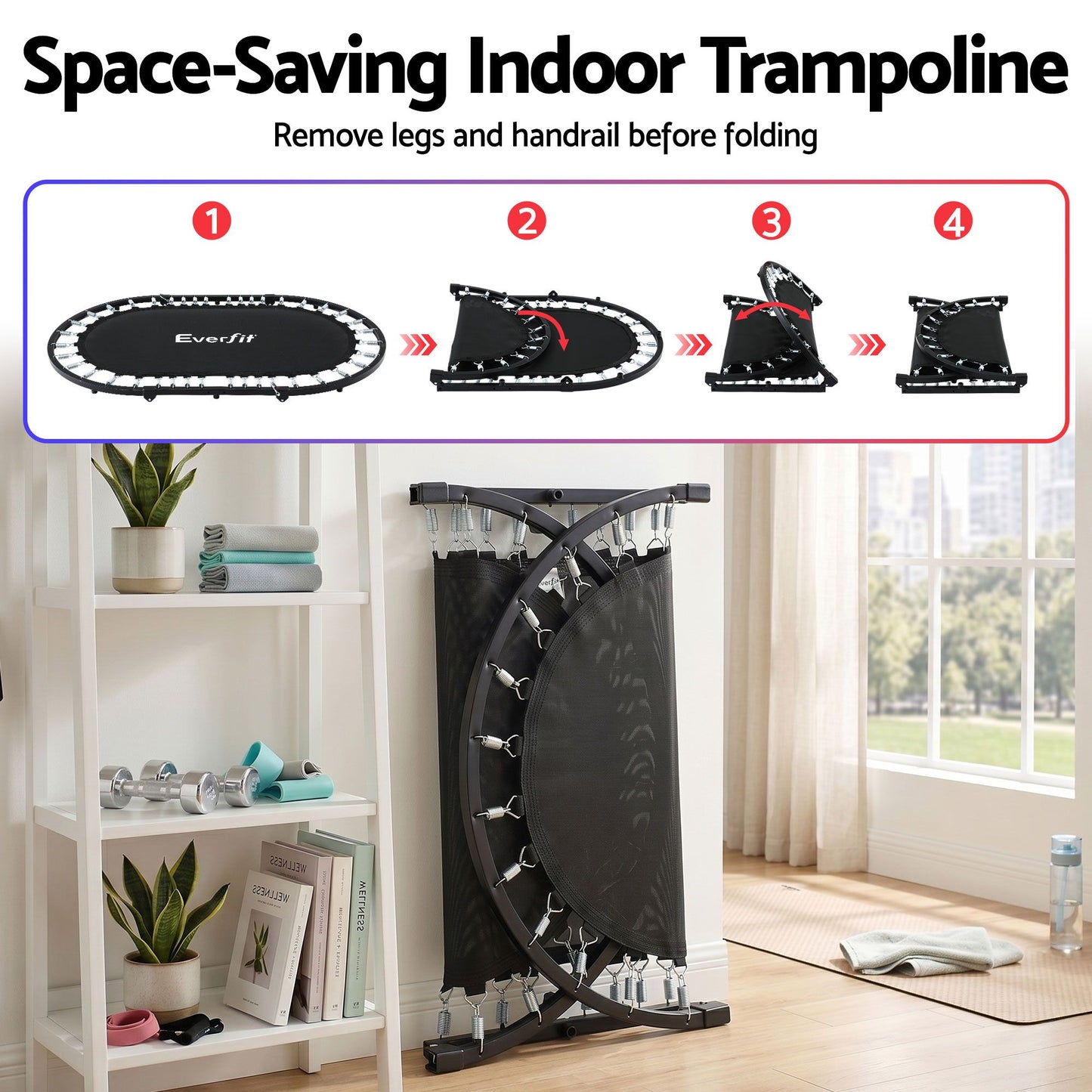 Everfit 56-Inch Foldable Fitness Trampoline Indoor Rebounder Adjustable Handrail TRAMPO-TD-FOLD56-OVL-BL