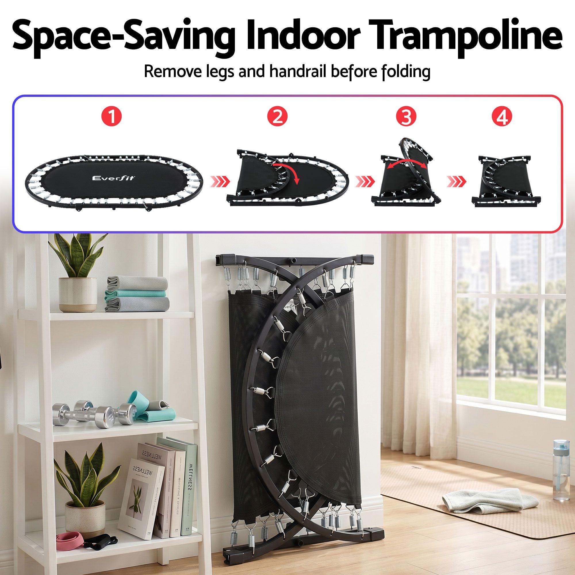 Everfit 56-Inch Foldable Fitness Trampoline Indoor Rebounder Adjustable Handrail TRAMPO-TD-FOLD56-OVL-BL