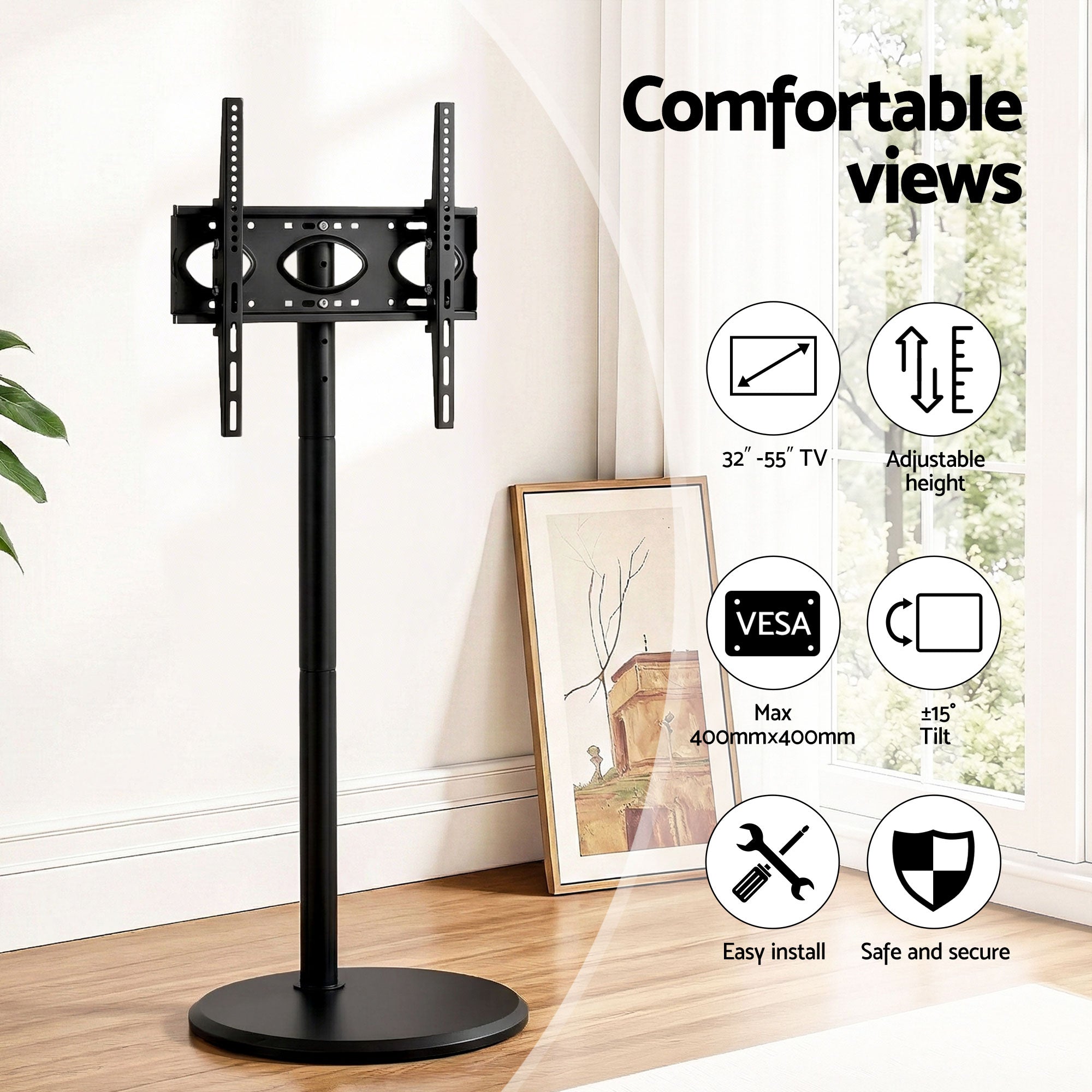 Artiss 32-55 Inch Mobile TV Stand with Wheels Height & Tilt Adjustable Floor Mount TV-MOUN-1250-BK
