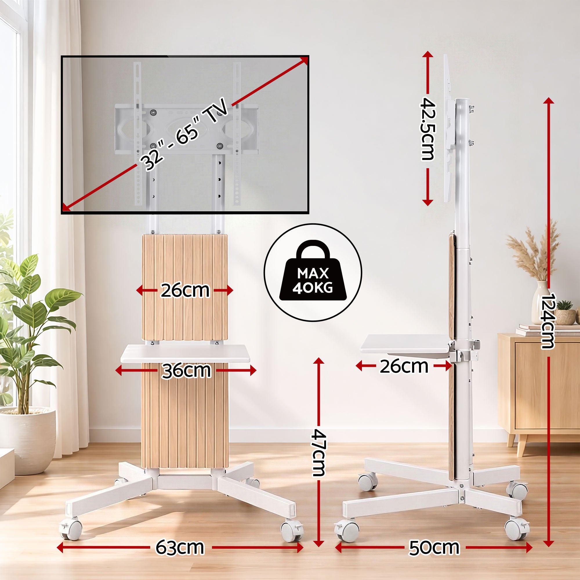 Artiss Mobile TV Floor Stand for 32-65" Mount Bracket Universal Adjustable Height with Wheels TV-MOUN-2007-WH