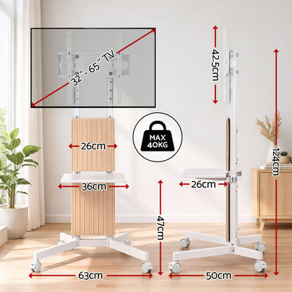 Artiss Mobile TV Floor Stand for 32-65" Mount Bracket Universal Adjustable Height with Wheels TV-MOUN-2007-WH