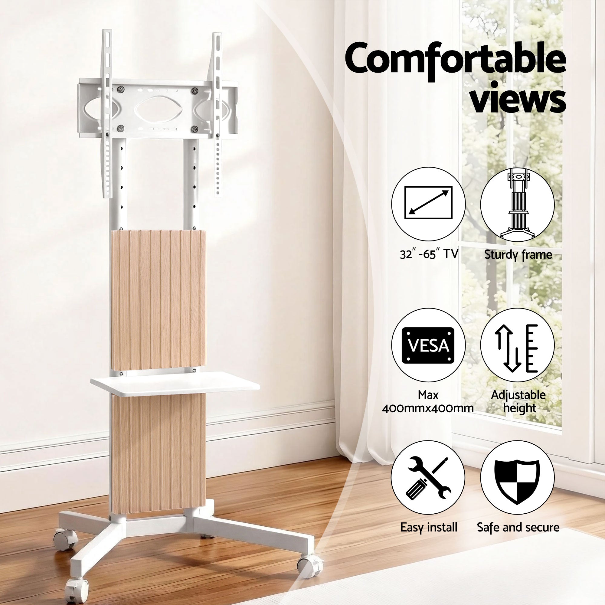 Artiss Mobile TV Floor Stand for 32-65" Mount Bracket Universal Adjustable Height with Wheels TV-MOUN-2007-WH