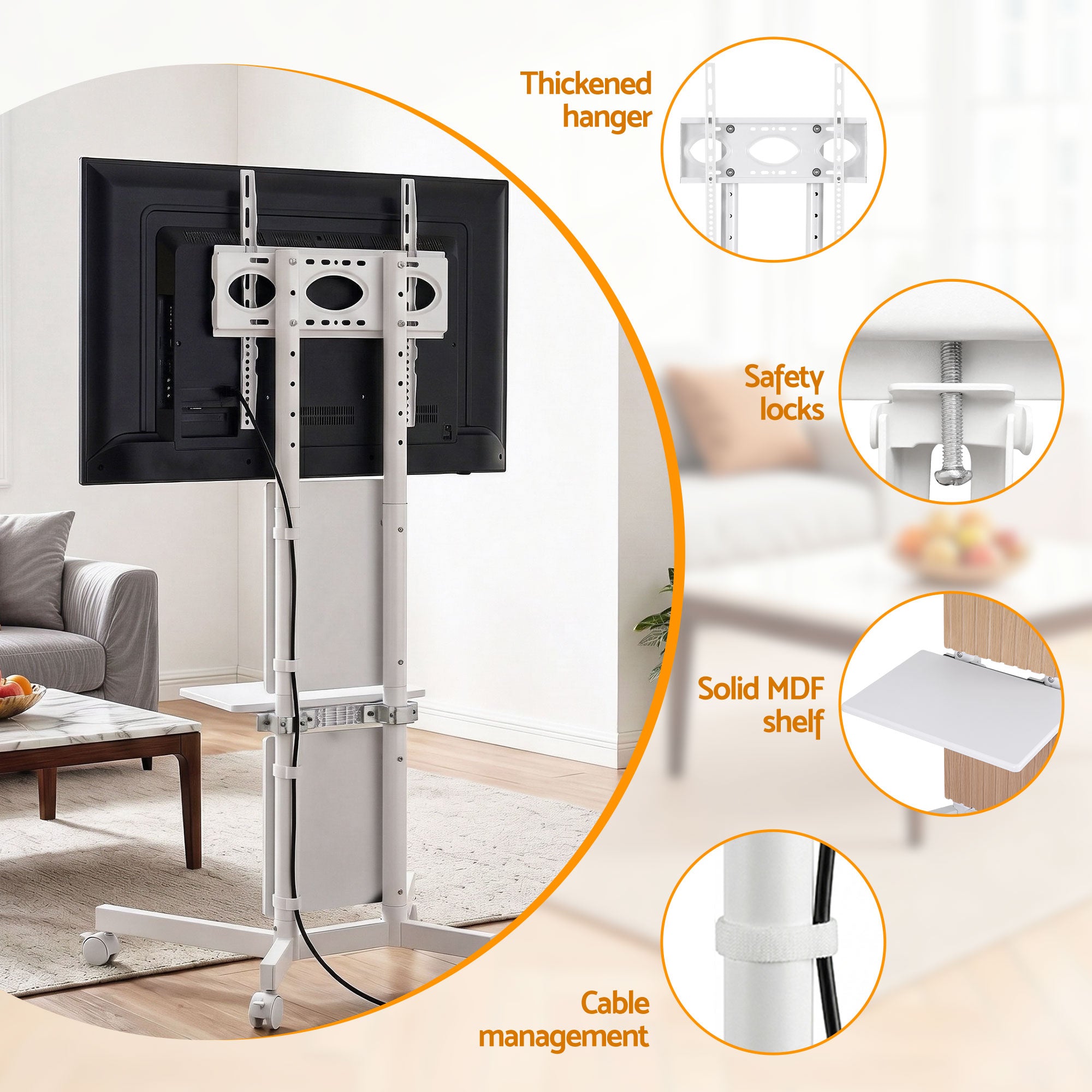 Artiss Mobile TV Floor Stand for 32-65" Mount Bracket Universal Adjustable Height with Wheels TV-MOUN-2007-WH