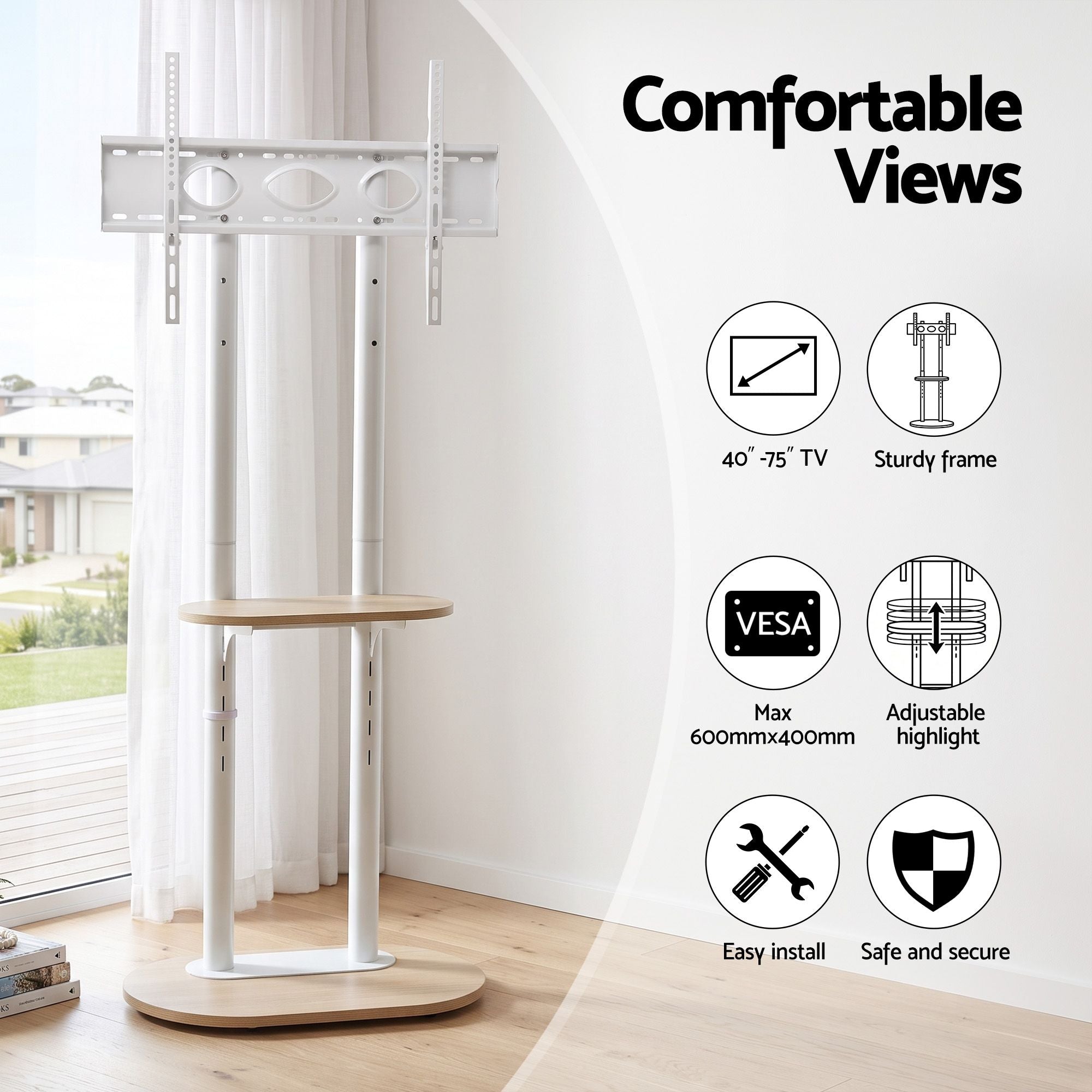 Artiss Mobile TV Floor Stand 40-75" Bracket Universal Adjustable Shelves Wheels