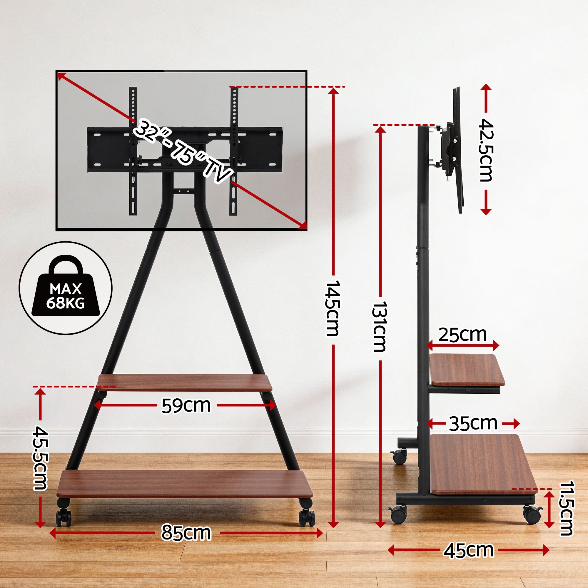 Artiss Mobile TV Stand Rolling Cart Wheels 32-75" Heavy Duty 133kg Mount Bracket TV-MOUN-6001-BK-WAL