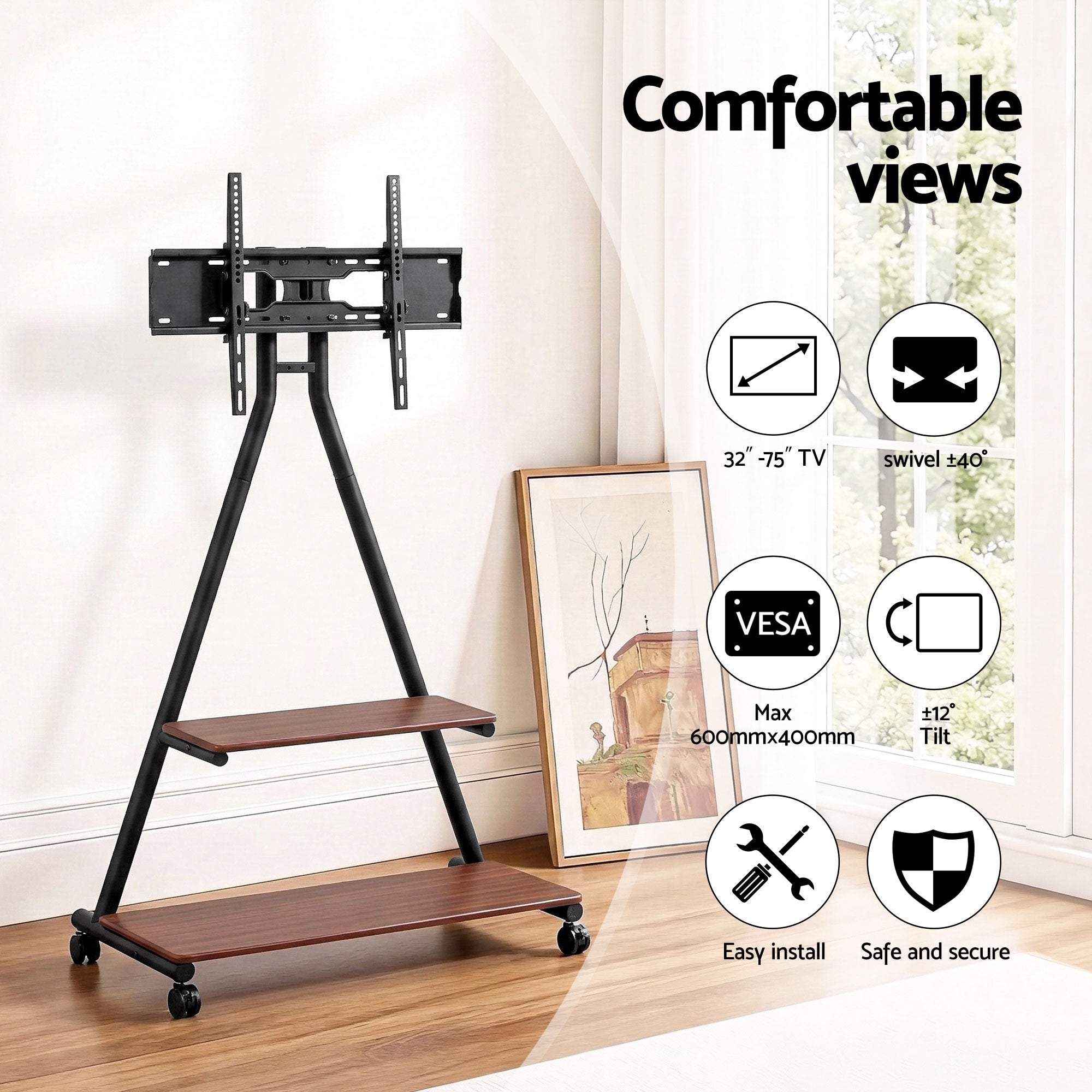 Artiss Mobile TV Stand Rolling Cart Wheels 32-75" Heavy Duty 133kg Mount Bracket TV-MOUN-6001-BK-WAL