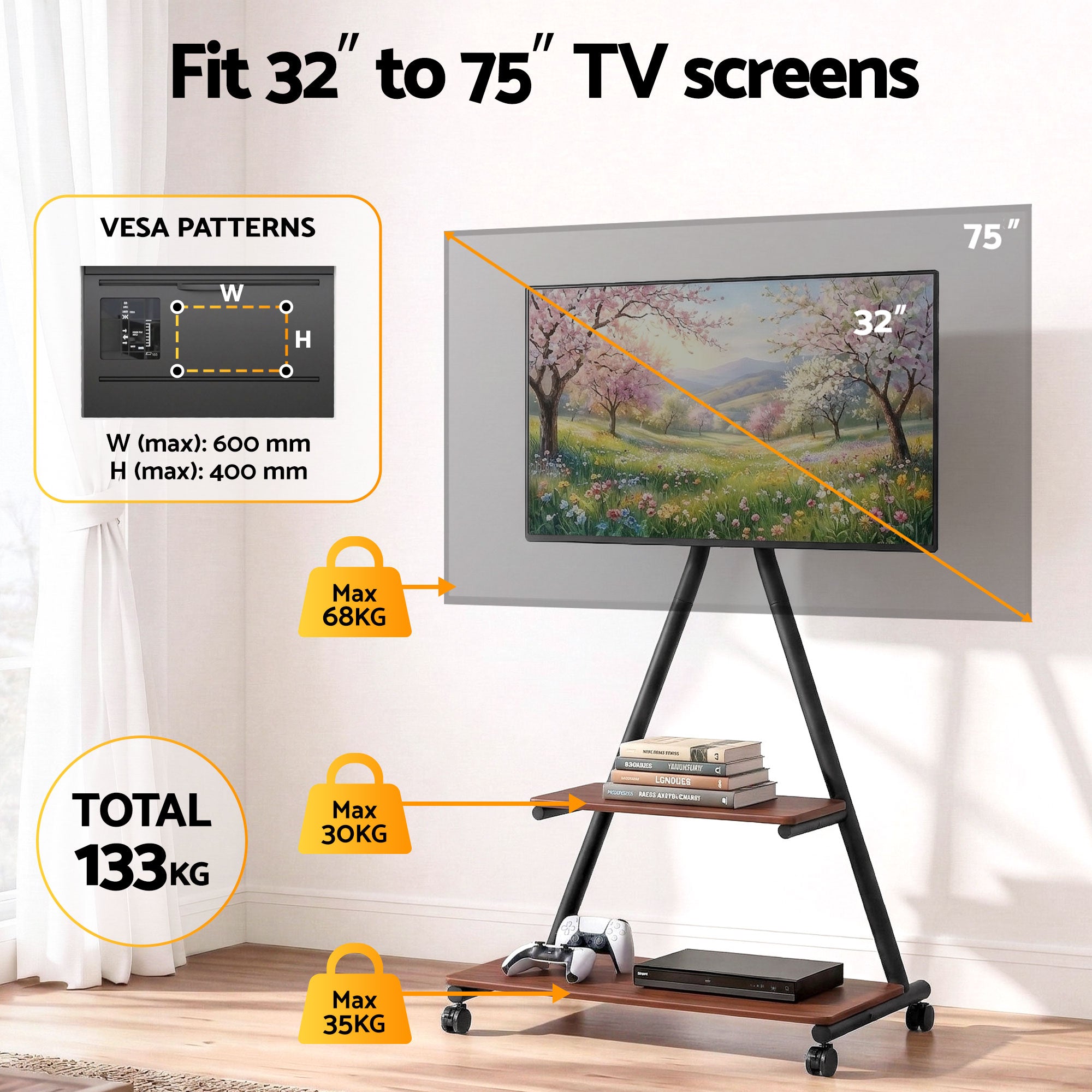Artiss Mobile TV Stand Rolling Cart Wheels 32-75" Heavy Duty 133kg Mount Bracket TV-MOUN-6001-BK-WAL