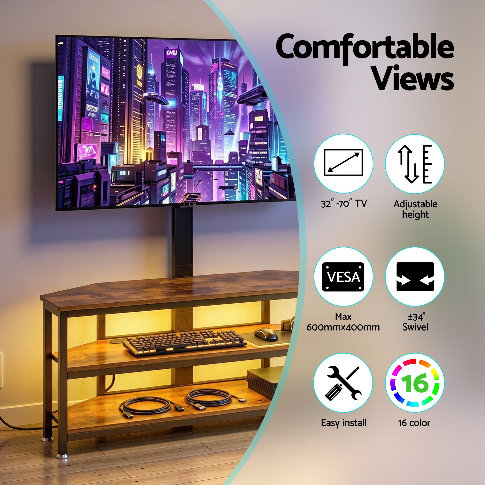 Artiss Corner TV Stand 32-70" w/ Mount LED Lights & Power Outlet Space Saving TV-MOUN-LED-3T-WAL