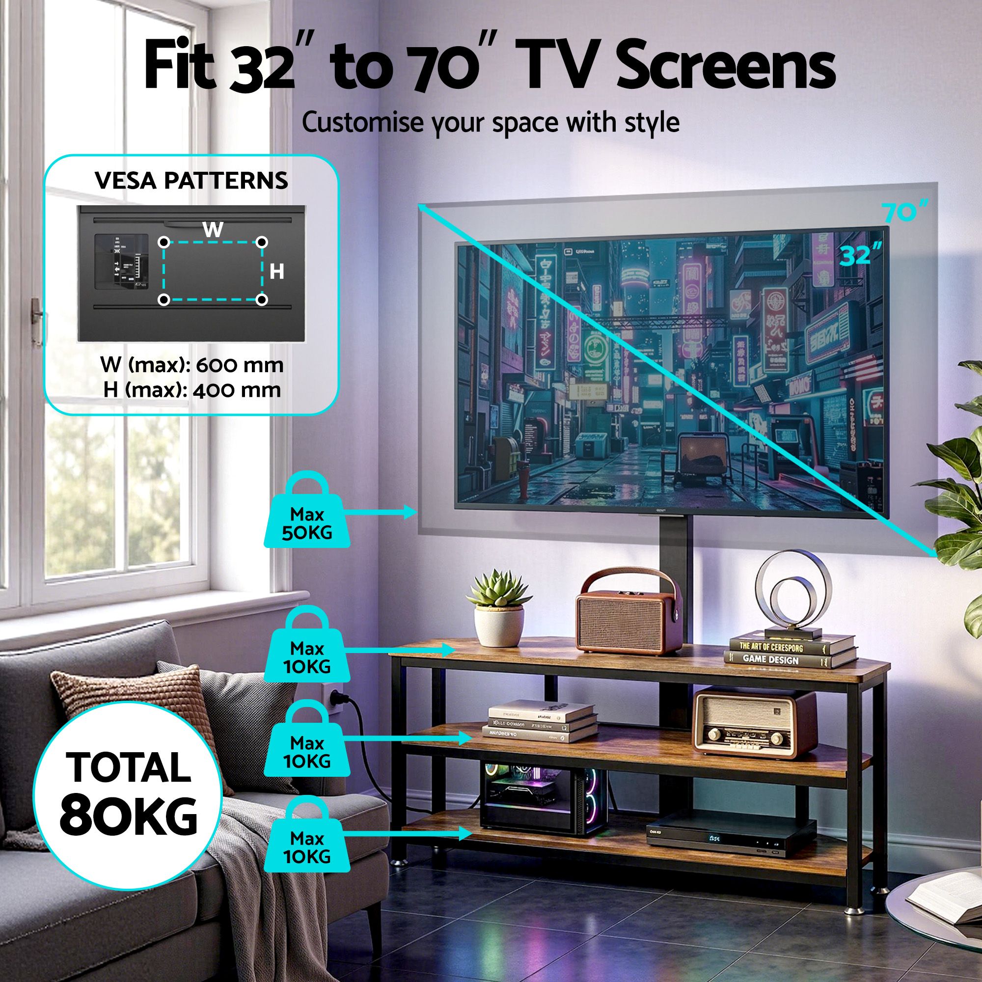 Artiss Corner TV Stand 32-70" w/ Mount LED Lights & Power Outlet Space Saving TV-MOUN-LED-3T-WAL