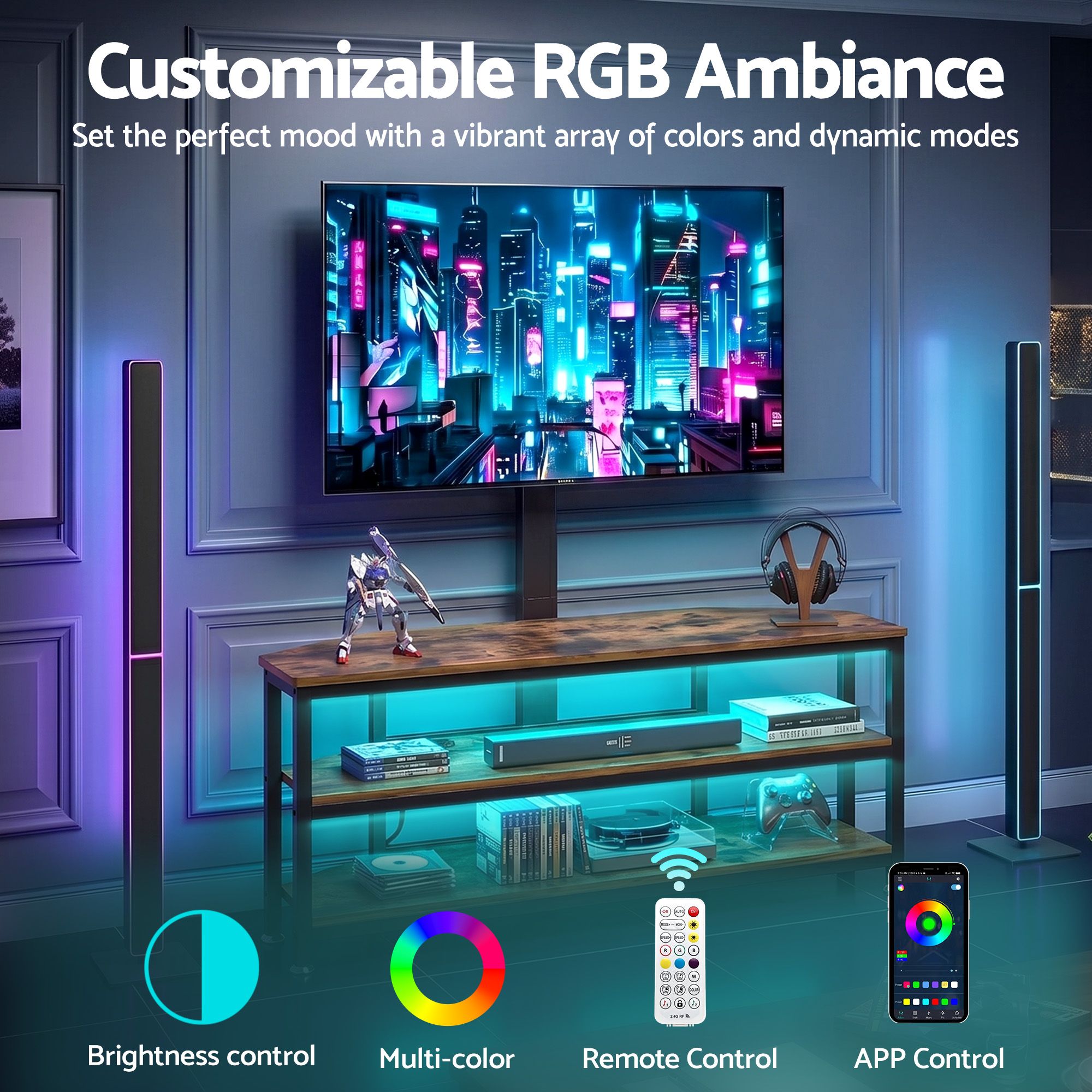 Artiss Corner TV Stand 32-70" w/ Mount LED Lights & Power Outlet Space Saving TV-MOUN-LED-3T-WAL