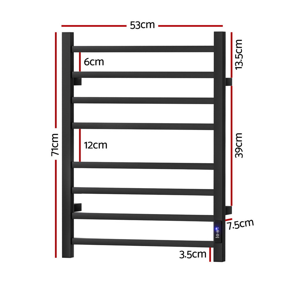 Devanti Heated Towel Rail 8 Square Bars with Timer Electric Heater Warmer Rack TW-C-109SW-8T-BK