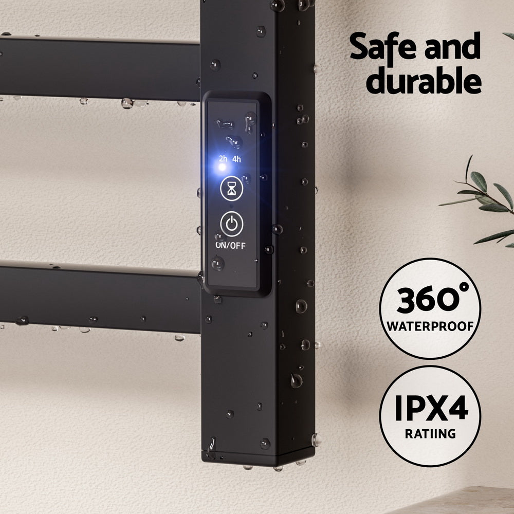 Devanti Heated Towel Rail 8 Square Bars with Timer Electric Heater Warmer Rack TW-C-109SW-8T-BK