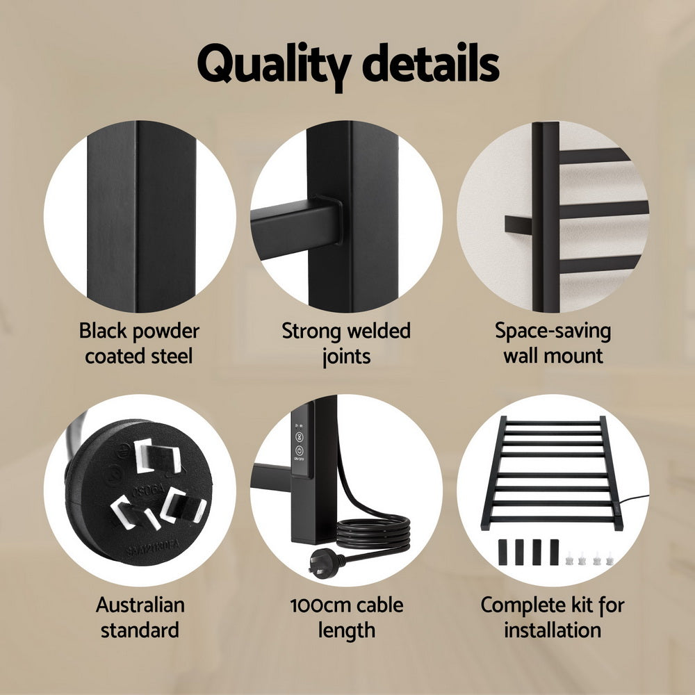 Devanti Heated Towel Rail 8 Square Bars with Timer Electric Heater Warmer Rack TW-C-109SW-8T-BK