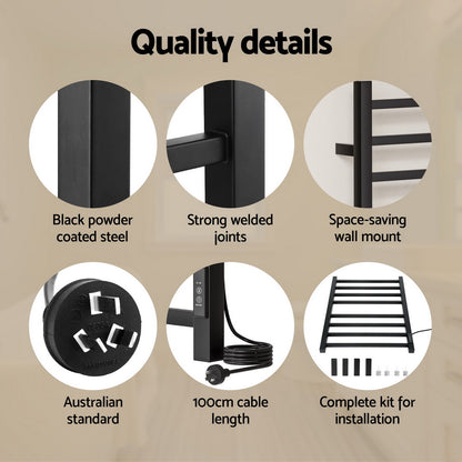 Devanti Heated Towel Rail 8 Square Bars with Timer Electric Heater Warmer Rack TW-C-109SW-8T-BK