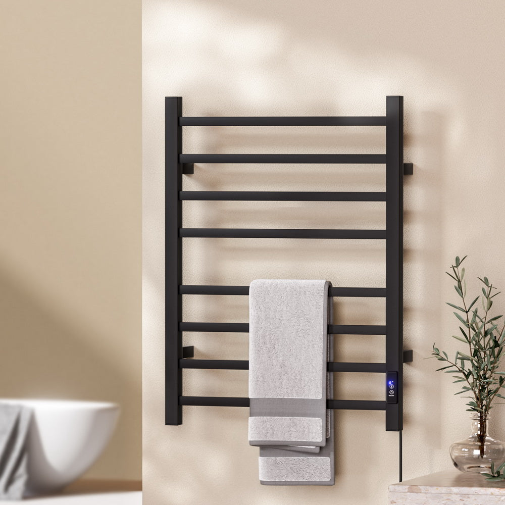 Devanti Heated Towel Rail 8 Square Bars with Timer Electric Heater Warmer Rack TW-C-109SW-8T-BK