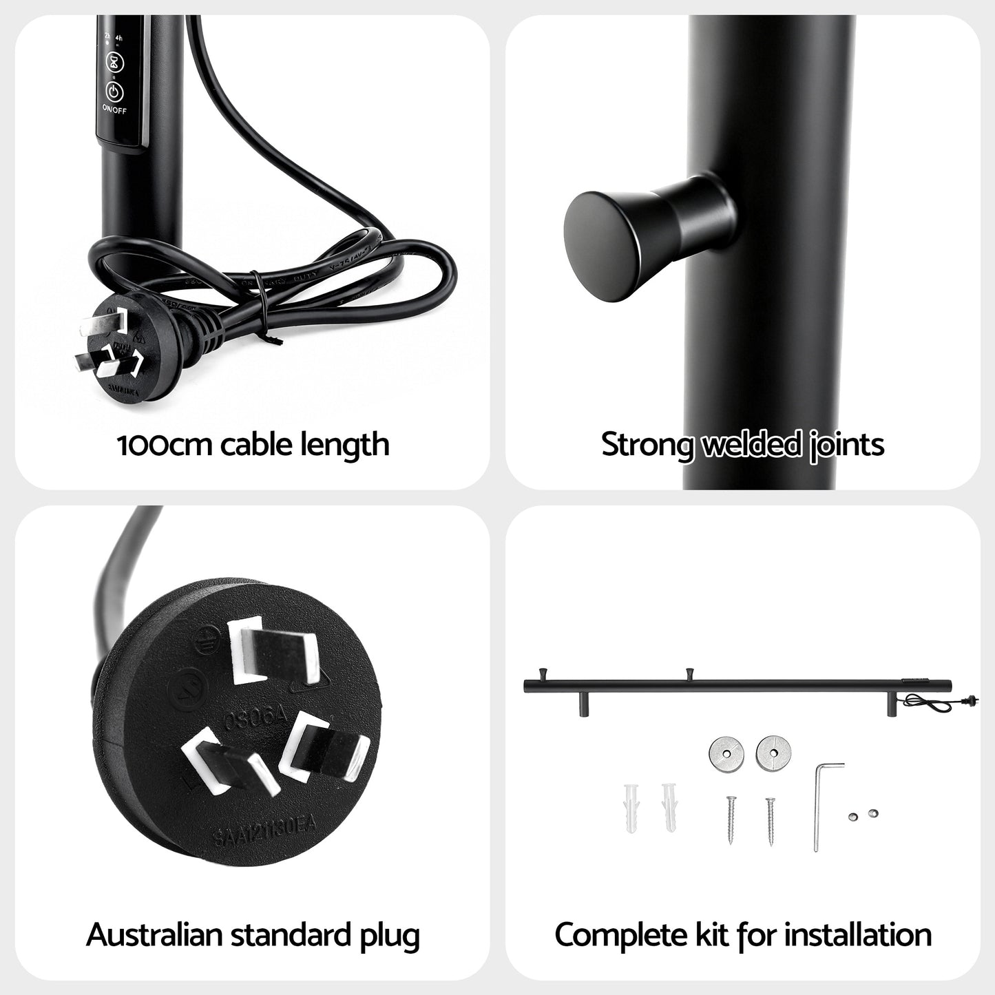 Devanti Heated Towel Rail with Timer Vertical Electric Heater Warmer Rack Black TW-C-109W-1T-BK