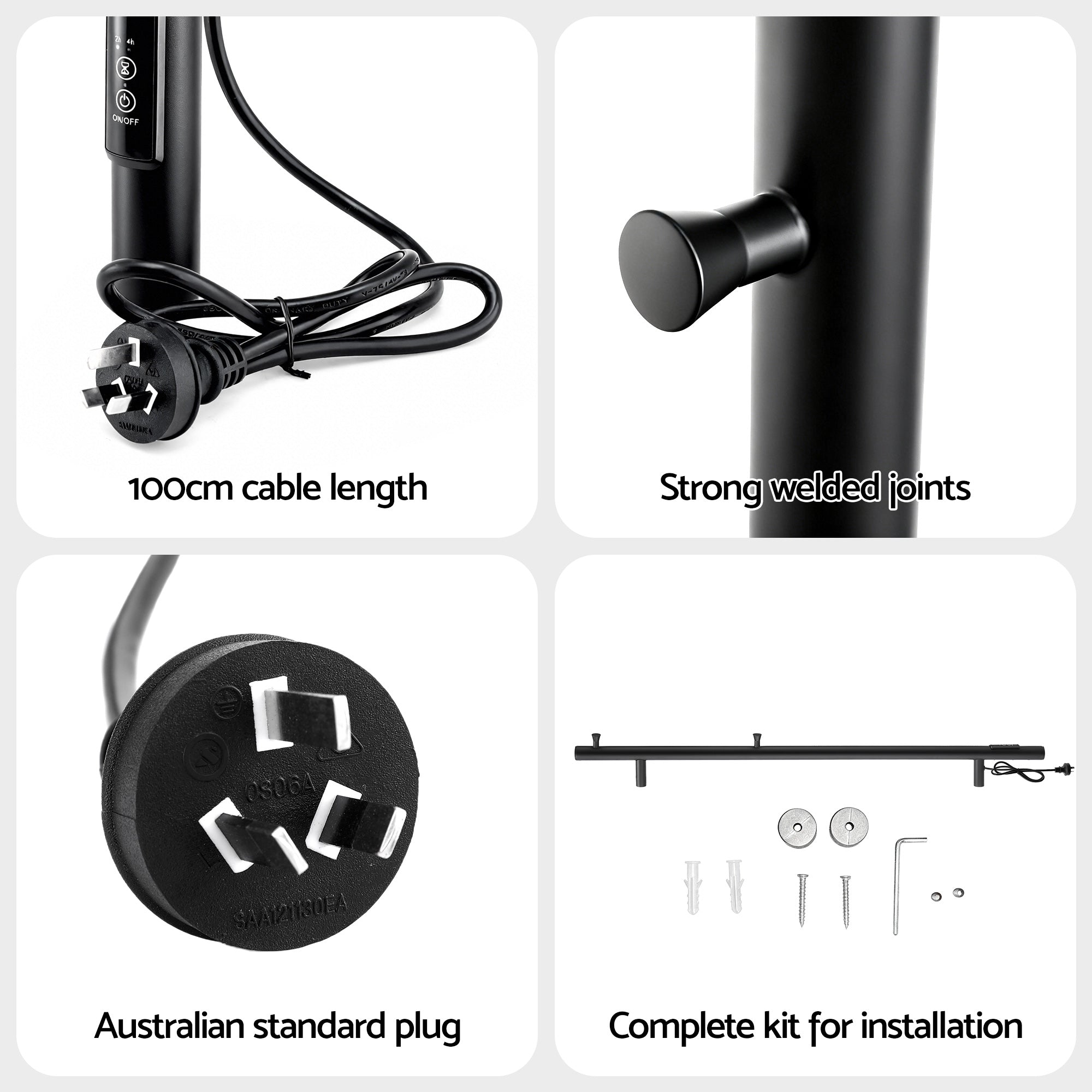 Devanti Heated Towel Rail with Timer Vertical Electric Heater Warmer Rack Black TW-C-109W-1T-BK