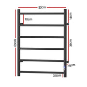 Devanti Heated Towel Rail 6 Round Bars with Timer Electric Heater Warmer Rack TW-C-109W-6T-BK
