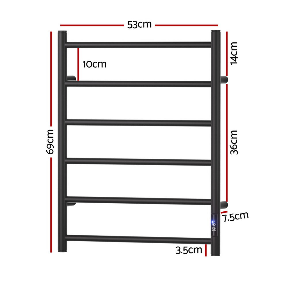 Devanti Heated Towel Rail 6 Round Bars with Timer Electric Heater Warmer Rack TW-C-109W-6T-BK