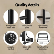 Devanti Heated Towel Rail 6 Round Bars with Timer Electric Heater Warmer Rack TW-C-109W-6T-BK