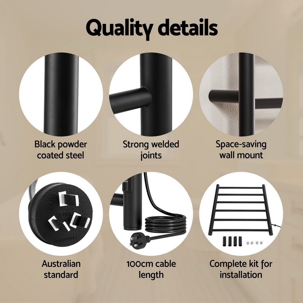 Devanti Heated Towel Rail 6 Round Bars with Timer Electric Heater Warmer Rack TW-C-109W-6T-BK