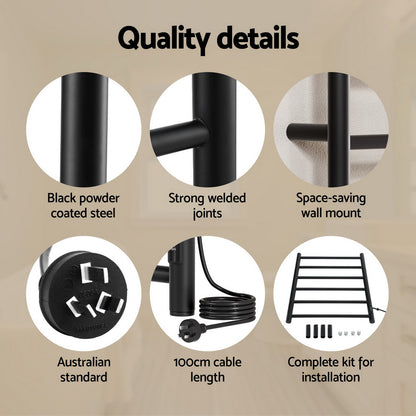 Devanti Heated Towel Rail 6 Round Bars with Timer Electric Heater Warmer Rack TW-C-109W-6T-BK