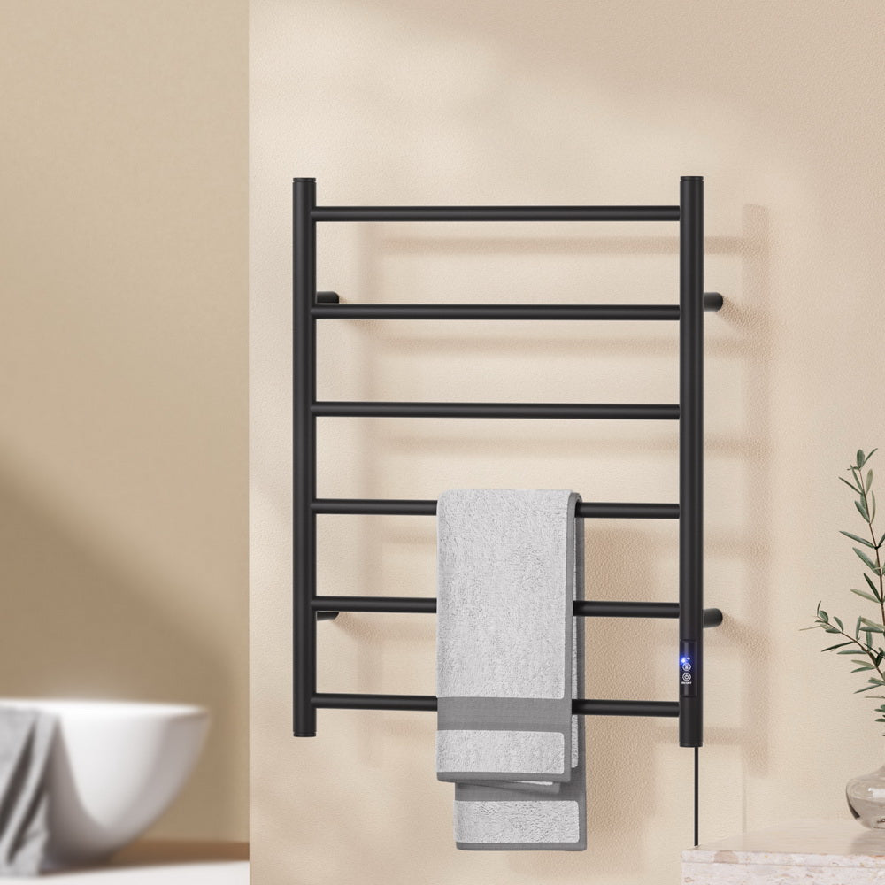 Devanti Heated Towel Rail 6 Round Bars with Timer Electric Heater Warmer Rack TW-C-109W-6T-BK