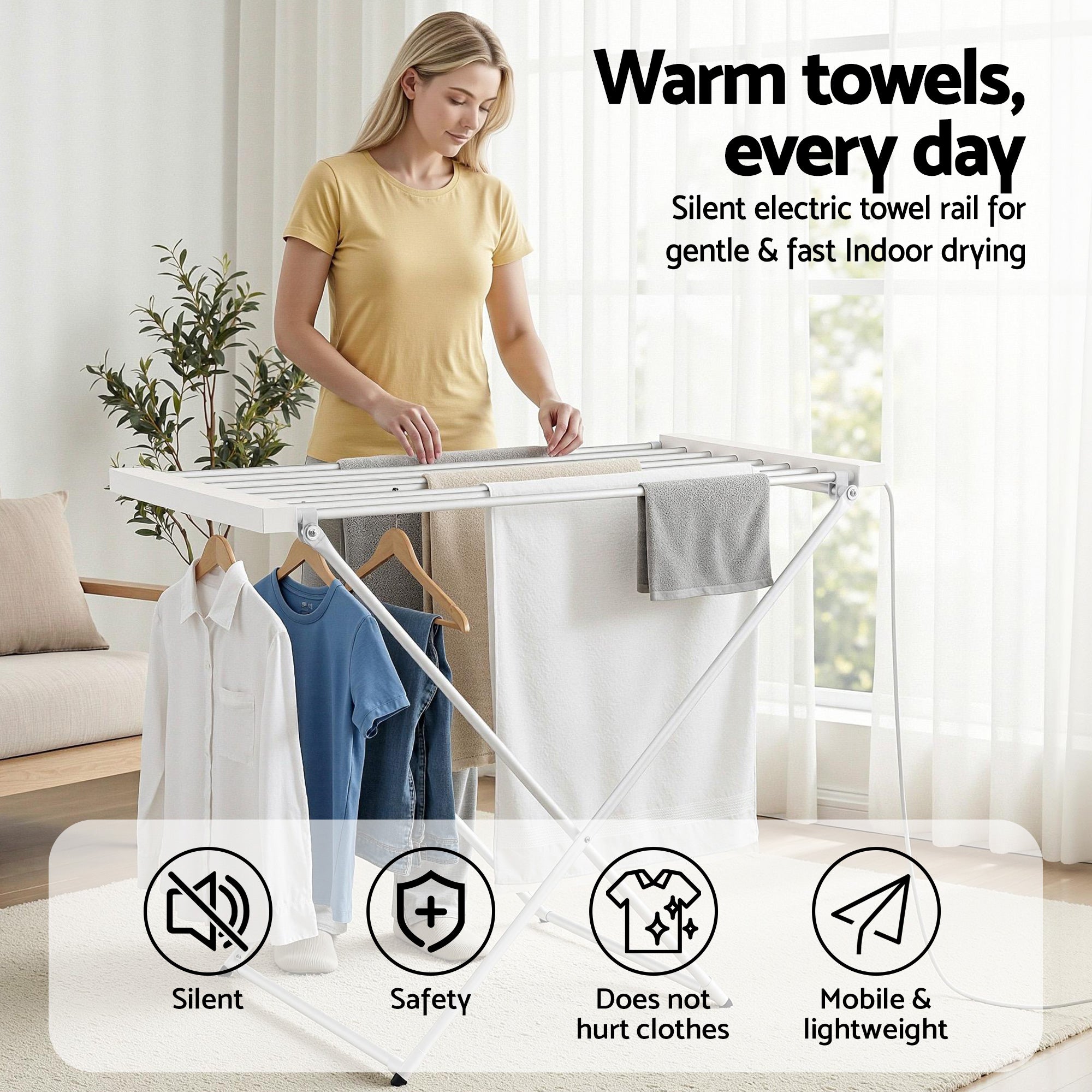 Devanti Heated Towel Rail Electric Clothes Airer Foldable Drying Rack 8 Bars TW-C-701Y-ALUM
