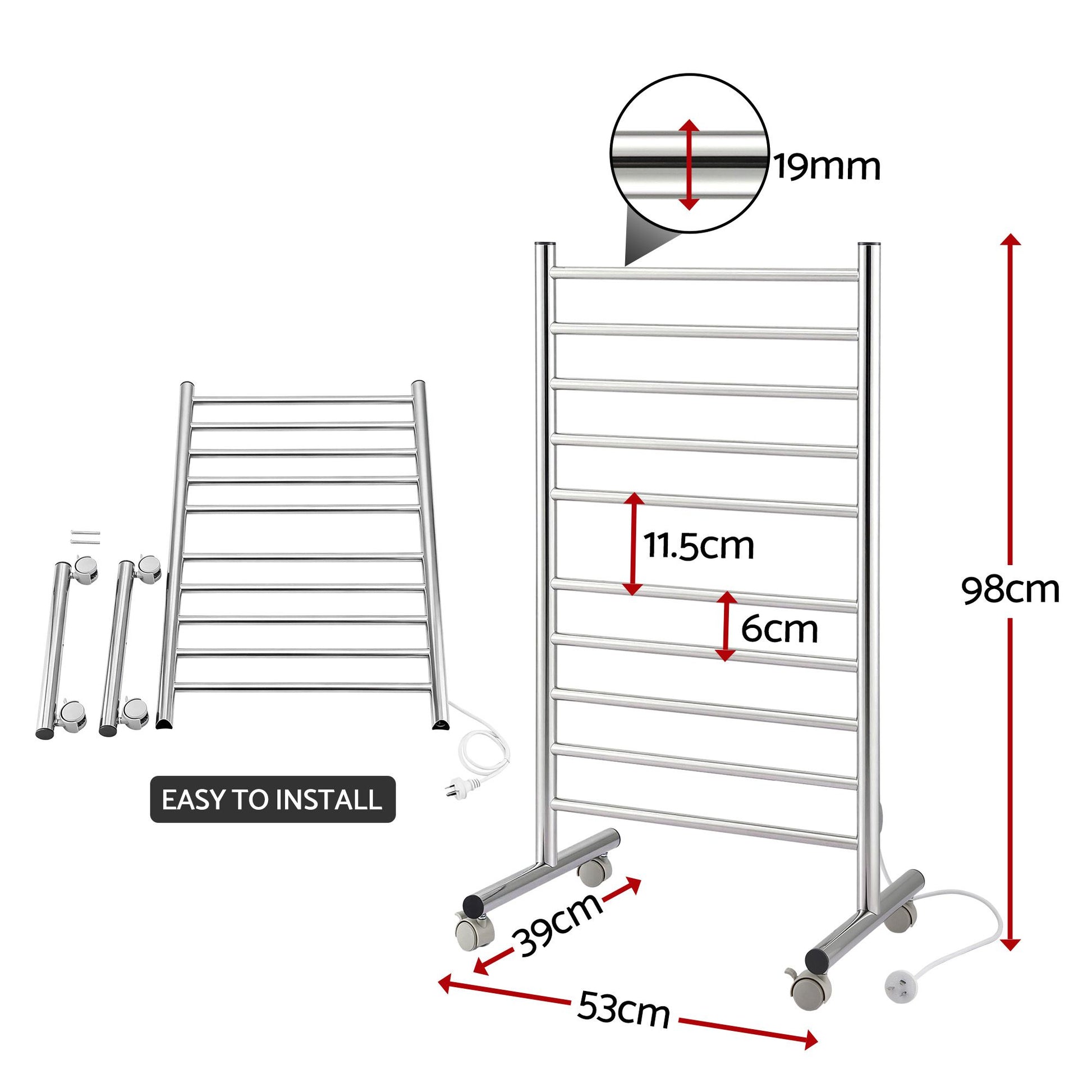 Devanti 10-Bar Freestanding Heated Towel Rail 3-5 Mins Fast Heating Electric Towel Warmer for Bathroom Winter TW-C-8T-STA1