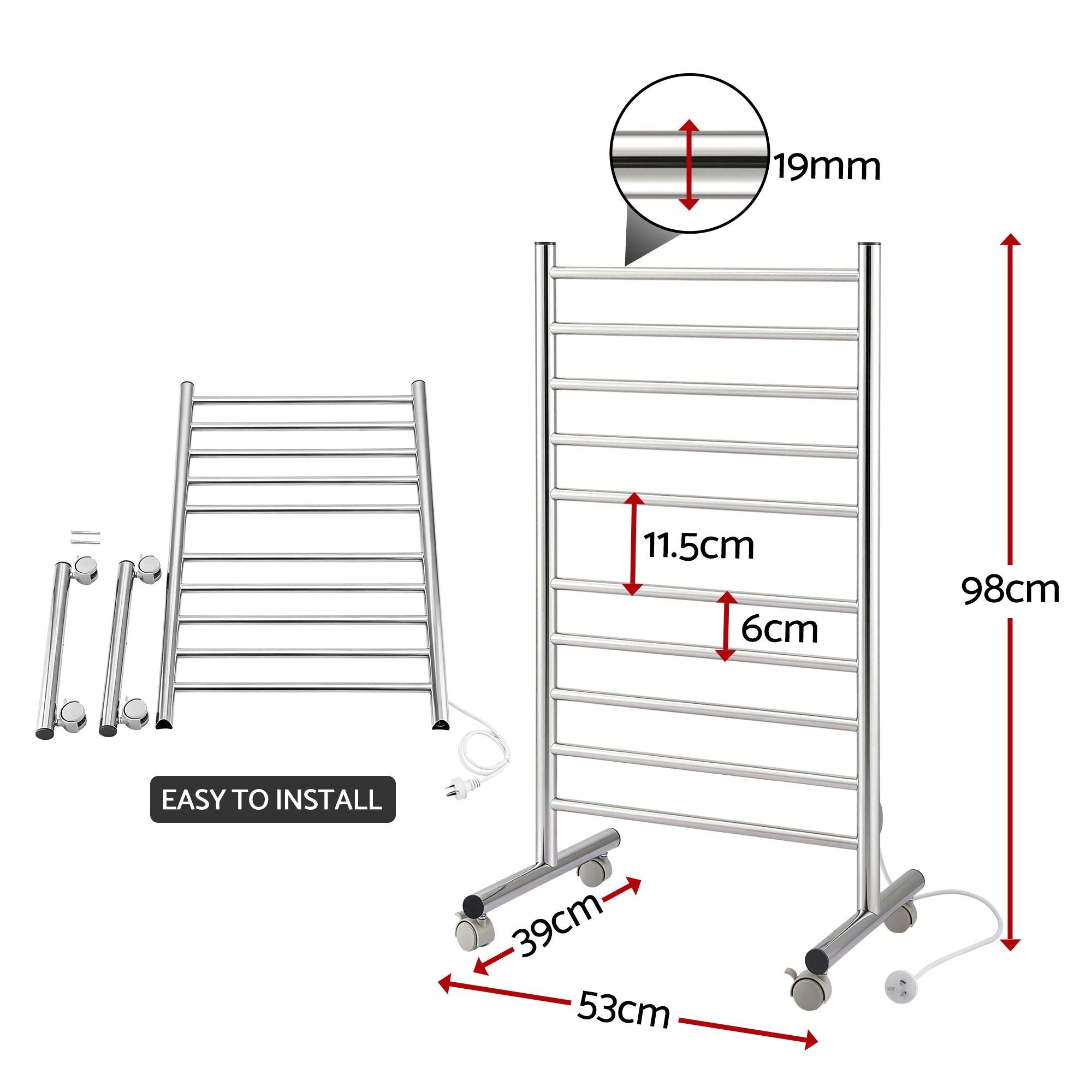 Devanti 10-Bar Freestanding Heated Towel Rail 3-5 Mins Fast Heating Electric Towel Warmer for Bathroom Winter TW-C-8T-STA1