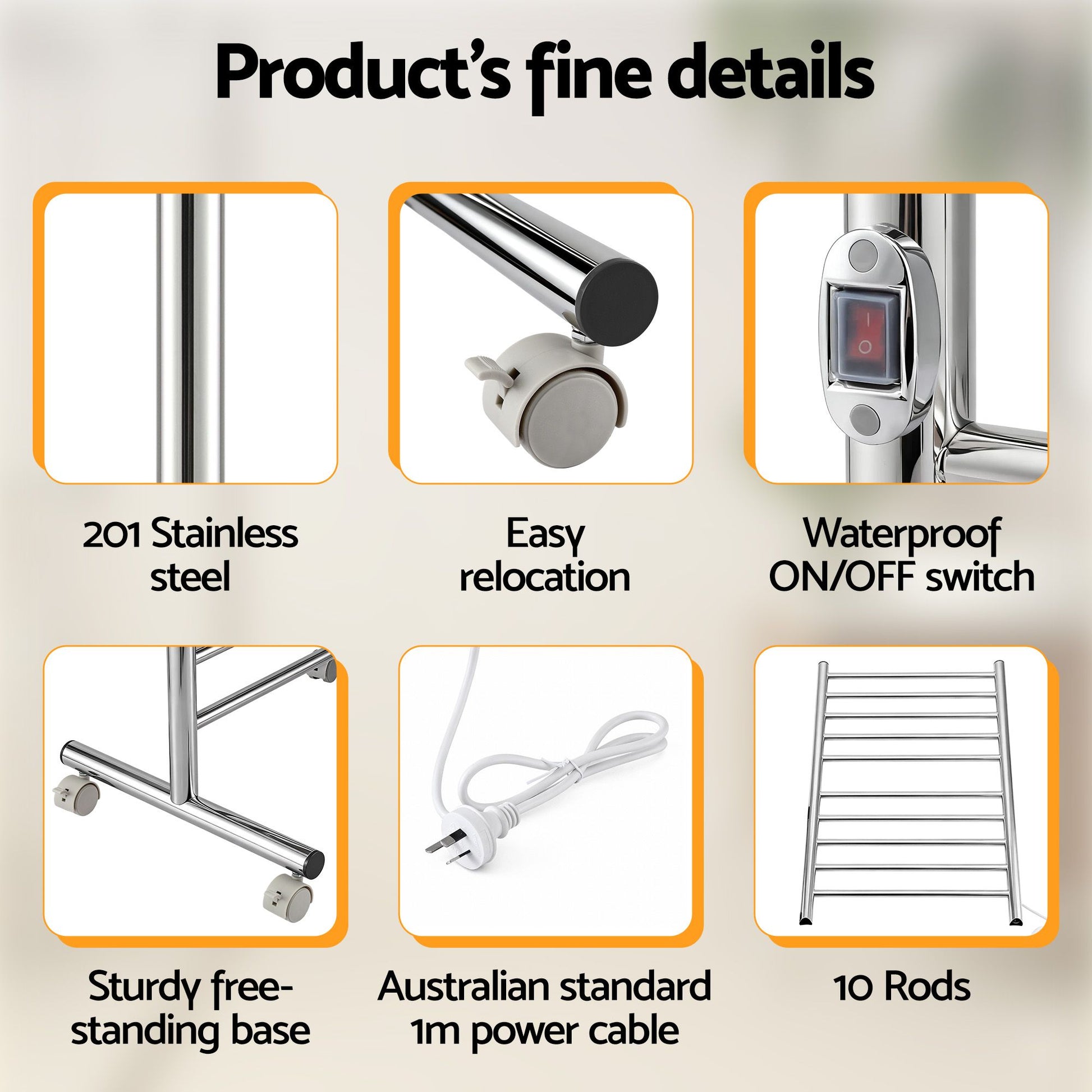 Devanti 10-Bar Freestanding Heated Towel Rail 3-5 Mins Fast Heating Electric Towel Warmer for Bathroom Winter TW-C-8T-STA1