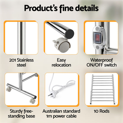Devanti 10-Bar Freestanding Heated Towel Rail 3-5 Mins Fast Heating Electric Towel Warmer for Bathroom Winter TW-C-8T-STA1