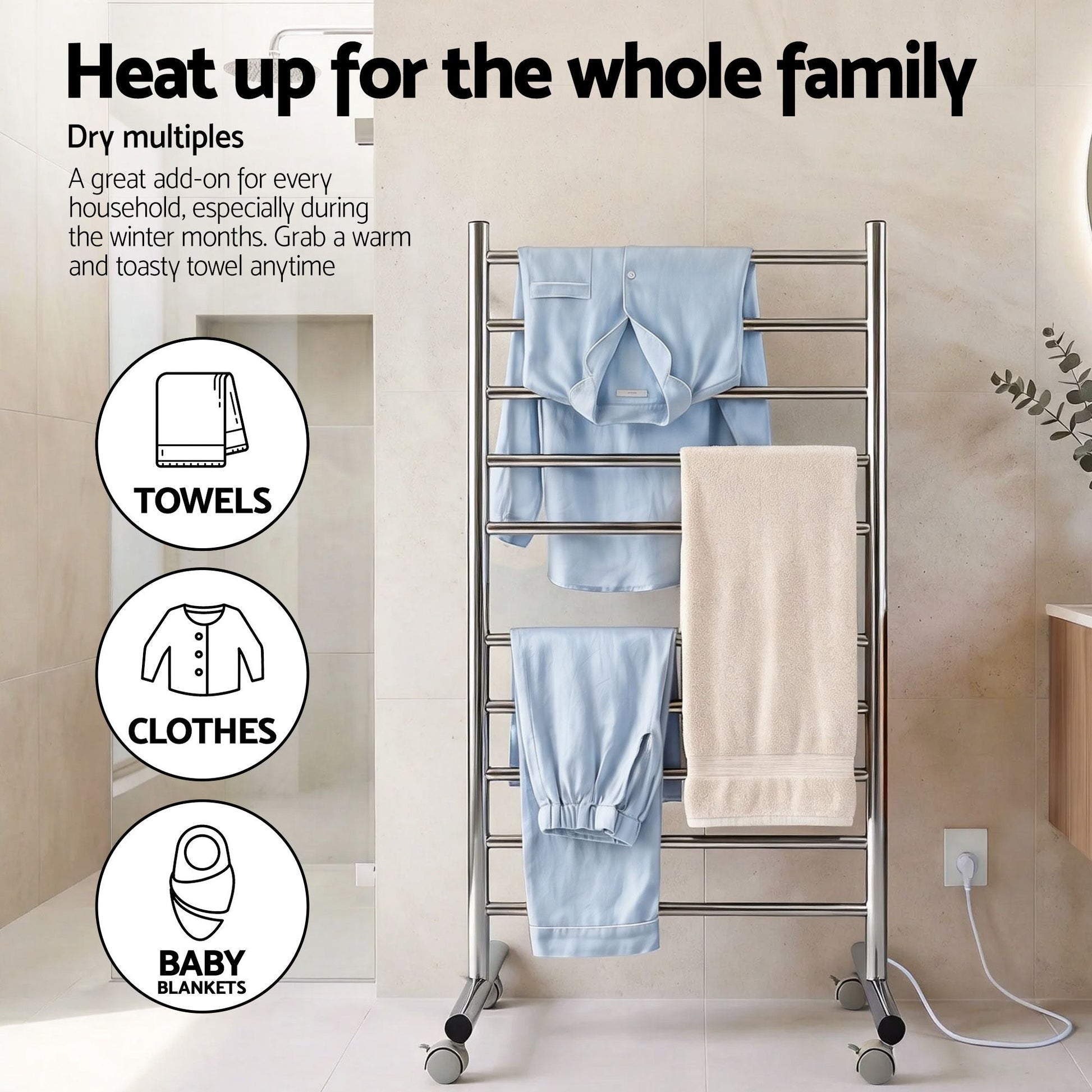 Devanti 10-Bar Freestanding Heated Towel Rail 3-5 Mins Fast Heating Electric Towel Warmer for Bathroom Winter TW-C-8T-STA1