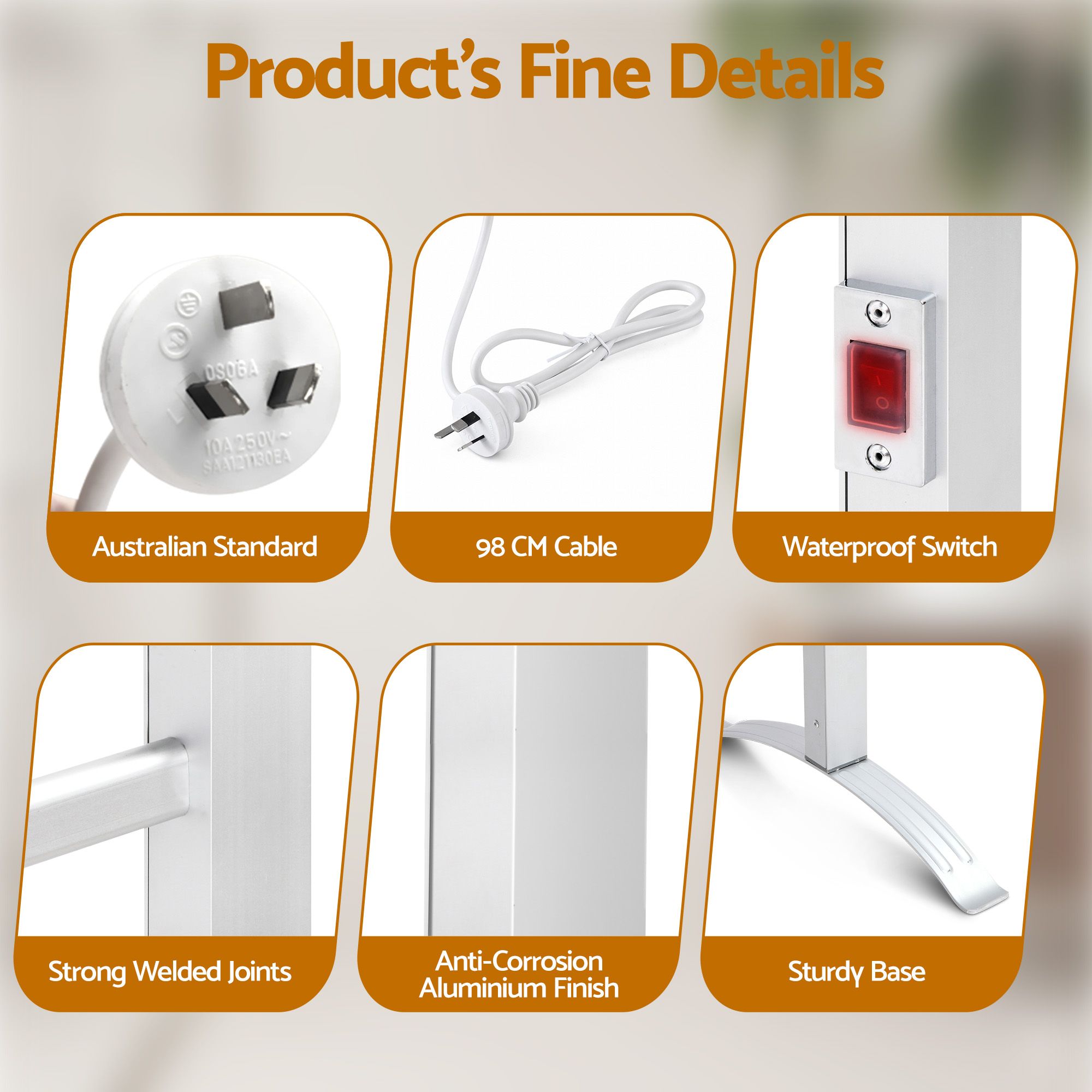 Devanti Electric Heated Towel Rail Rack 6 Bars Freestanding Clothes Dry Warmer TW-C-F-ALUM