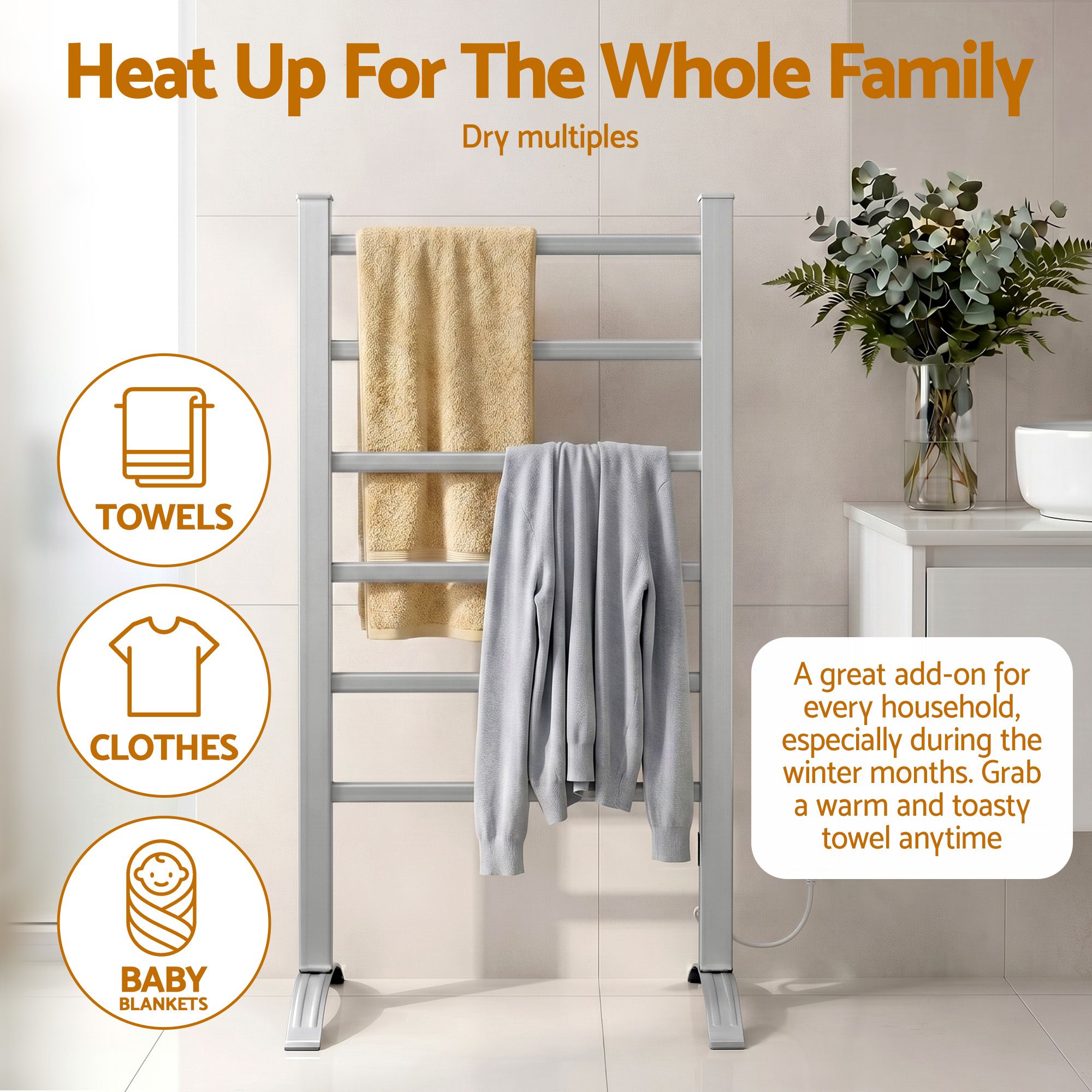 Devanti Electric Heated Towel Rail Rack 6 Bars Freestanding Clothes Dry Warmer TW-C-F-ALUM