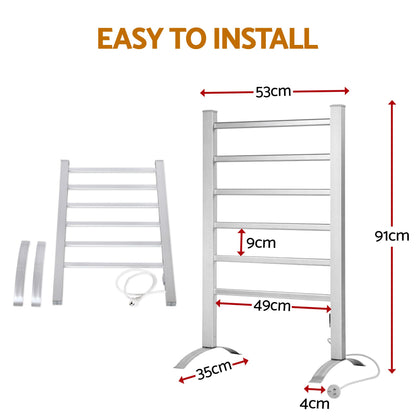 Devanti Electric Heated Towel Rail Rack 6 Bars with Timer Clothes Dry Warmer TW-C-F-ALUM-TM